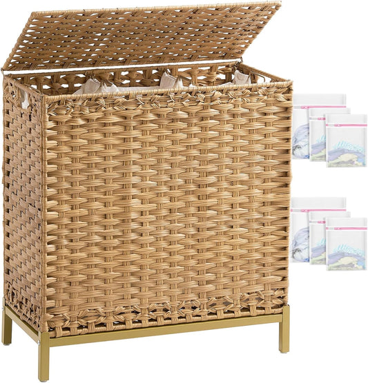 Laundry Hamper with Lid 132 L, (35 Gallons) Clothes Hamper with Lid, Handwoven Rattan Laundry Hamper with Metal Heightened Feet, Laundry Hampers with 3 Removable Liner Bags for Laundry-Natural