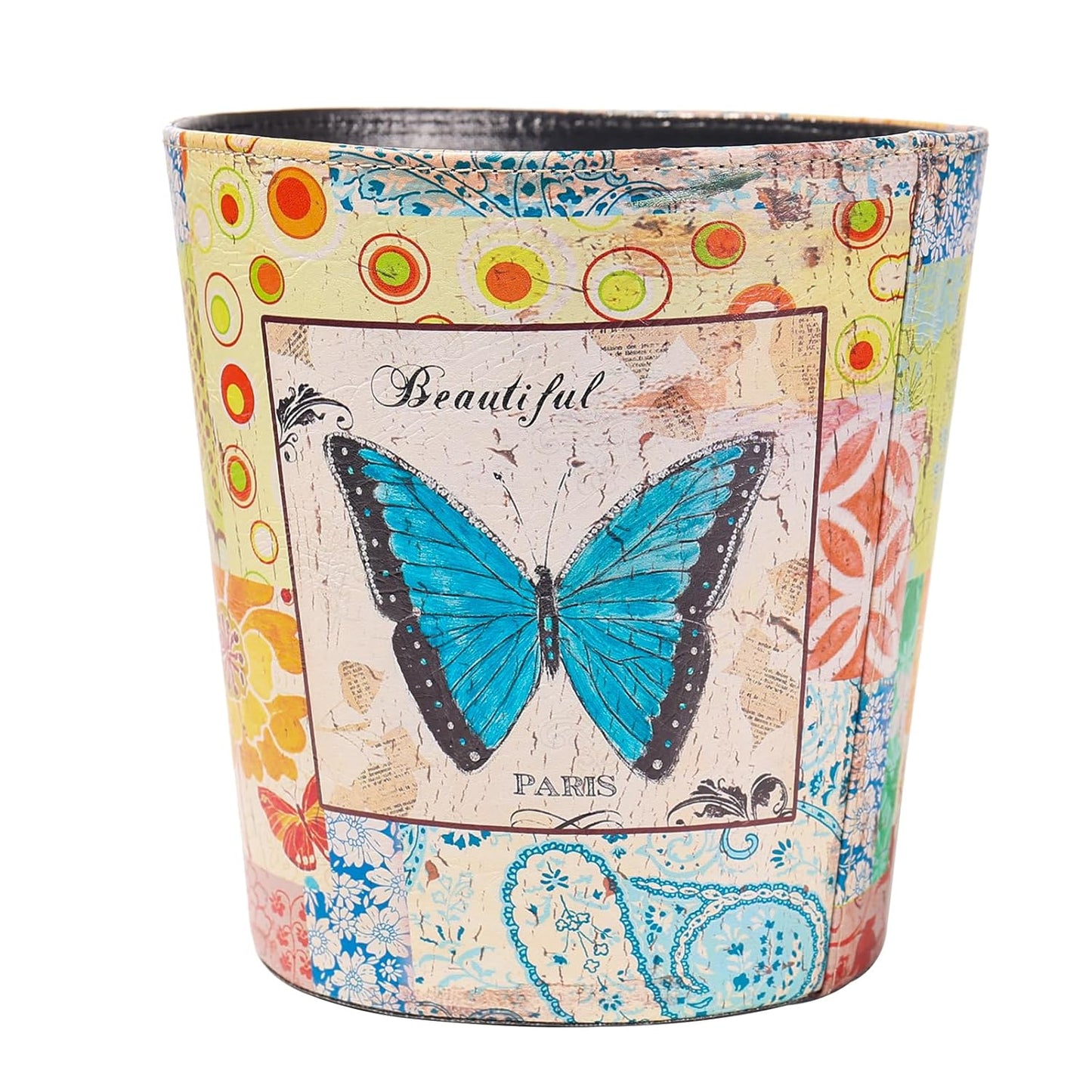 PU Leather Small Trash Can Wastebasket, Round Garbage Container Basket for Bathrooms, Laundry Room, Kitchens, Offices, Kids Rooms, Bedrooms,Dorms,Home Decorative Art Bin, 2.9 Gallon(Blue Butterfly)