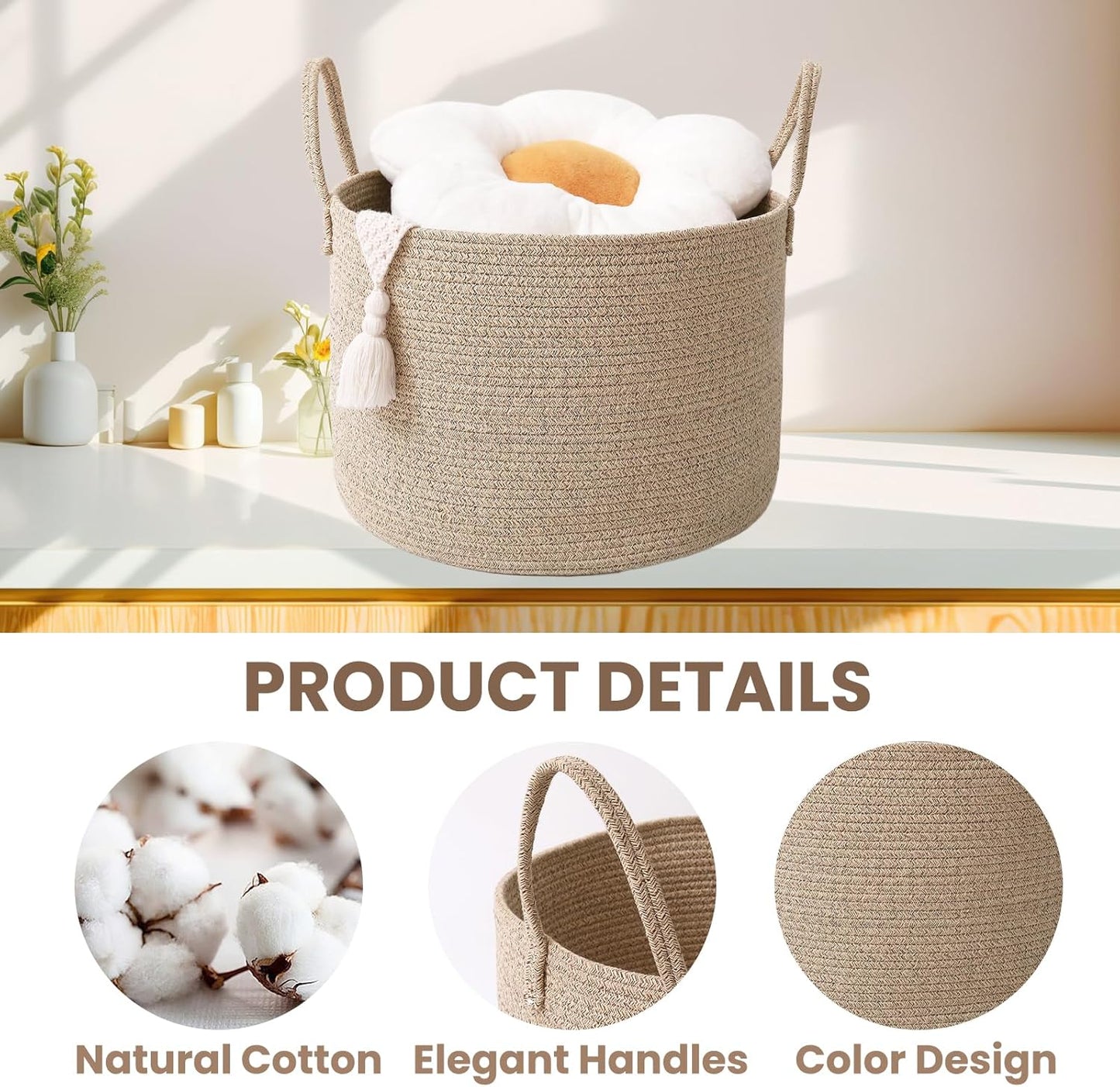 Woven Blanket Basket,65L Large Rope Storage Bin with Handles, Organizer for Blankets Toys Book and Clothes, Laundry Basket for Living Room Bedroom Nursery,Oatmeal