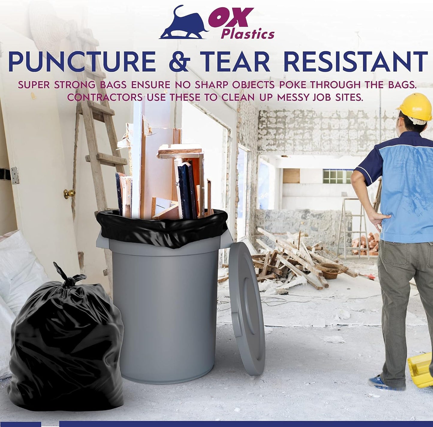 Ox Plastics 60 Gallon Trash Can Liners Bags - 35 Count Capacity & 4mil Thick Extra Heavy Duty Strength -Large Garbage, Leak-Proof & Durable Bag Black