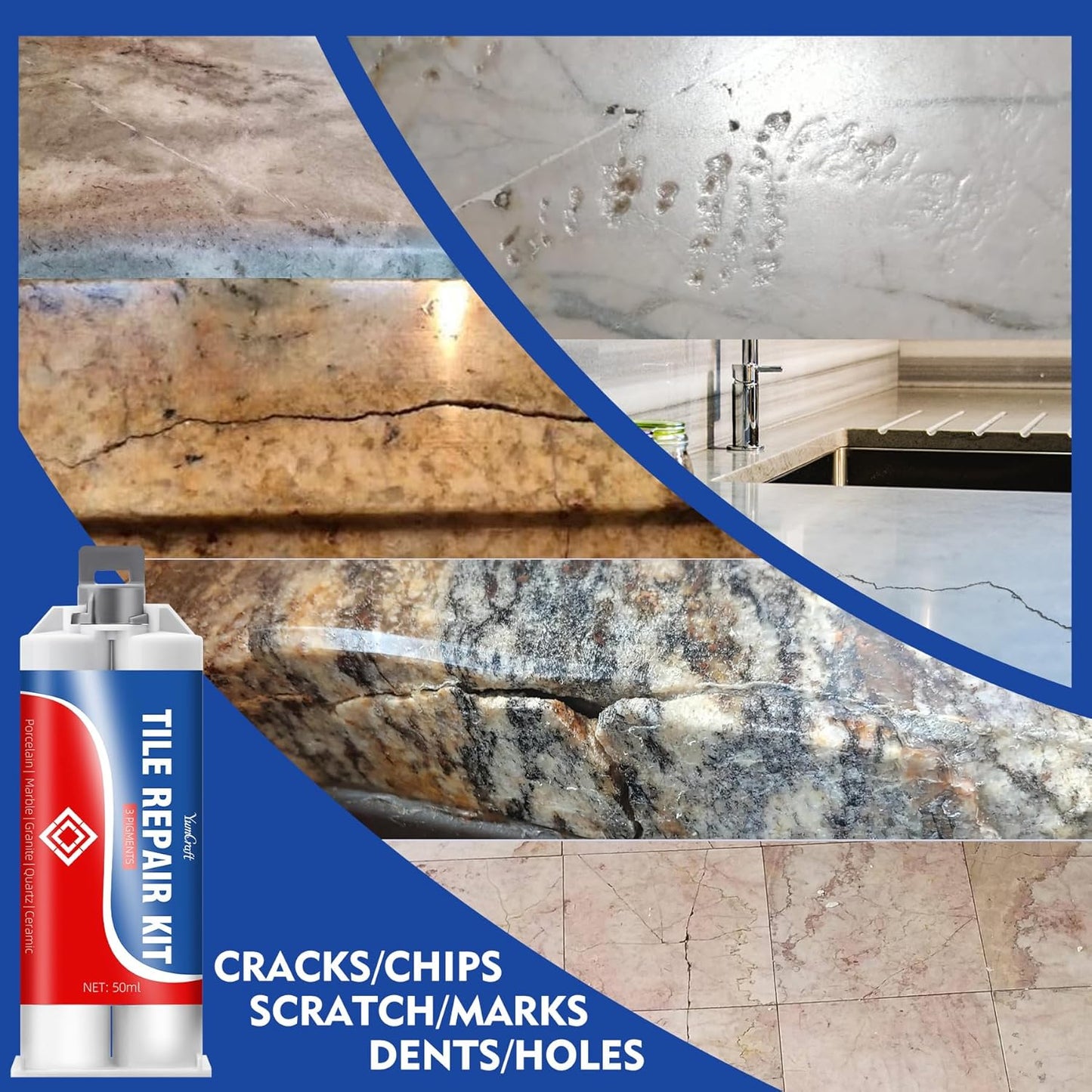 Tile Repair Kit, Ceramic Tile Repair Kit for Bathtub Crack and Hole, Porcelain Tile Chip Repair Kit, Floor Cracked Tile Filler Fix Chipped Edges Corners, Reattaches Missing Pieces, Acrylic