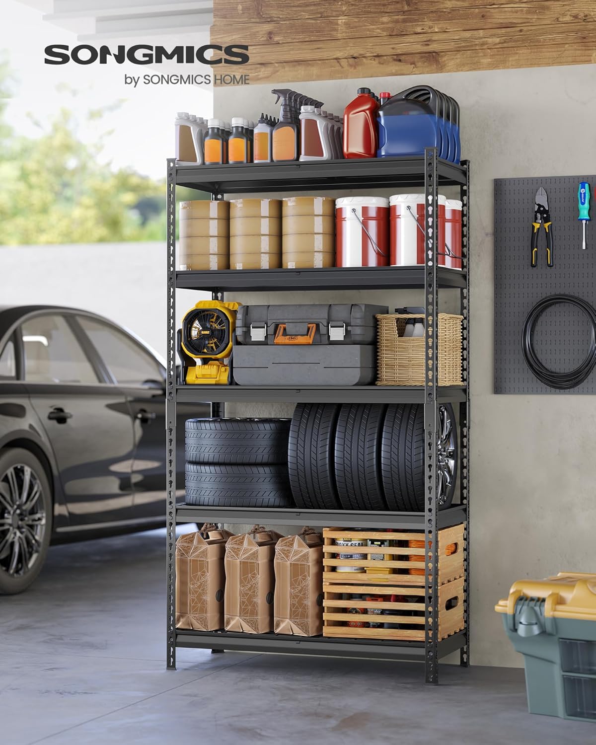 SONGMICS 5-Tier Storage Shelves, Heavy-Duty Garage Shelving, Adjustable Shelving Unit, Steel Shelf, Boltless Assembly, for Garage, 2,250 lb Load, 18 x 72 x 72 Inches, Ink Black UGLR453B02
