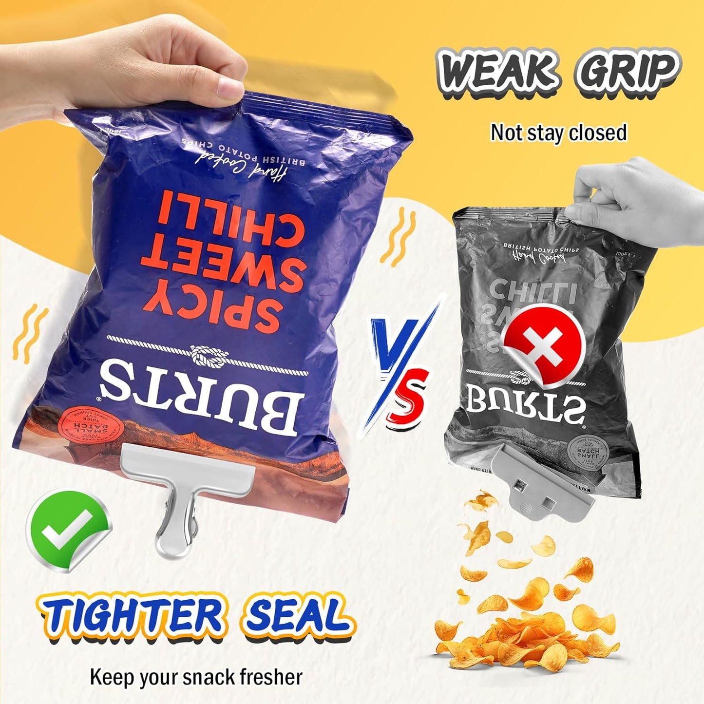 VNDUEEY 12 Pack Stainless Steel Chip Clips, Bag Clips for Food, Heavy Duty Snack Clip Metal Clip to Seal Coffee Bags, Ideal for Office and Kitchen Use, Binder Clip Large - 3 Inches, Silver