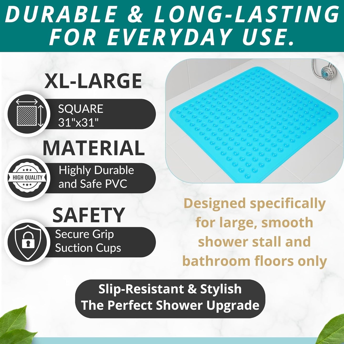 ENKOSI Extra Large Square Non Slip Shower Mat - 31 x 31-inch XL Bathroom Shower Mat - Square Shower Matts for Shower Stall Floors | Secure Suction Cups and Drain Holes (31x31 Clear Blue)