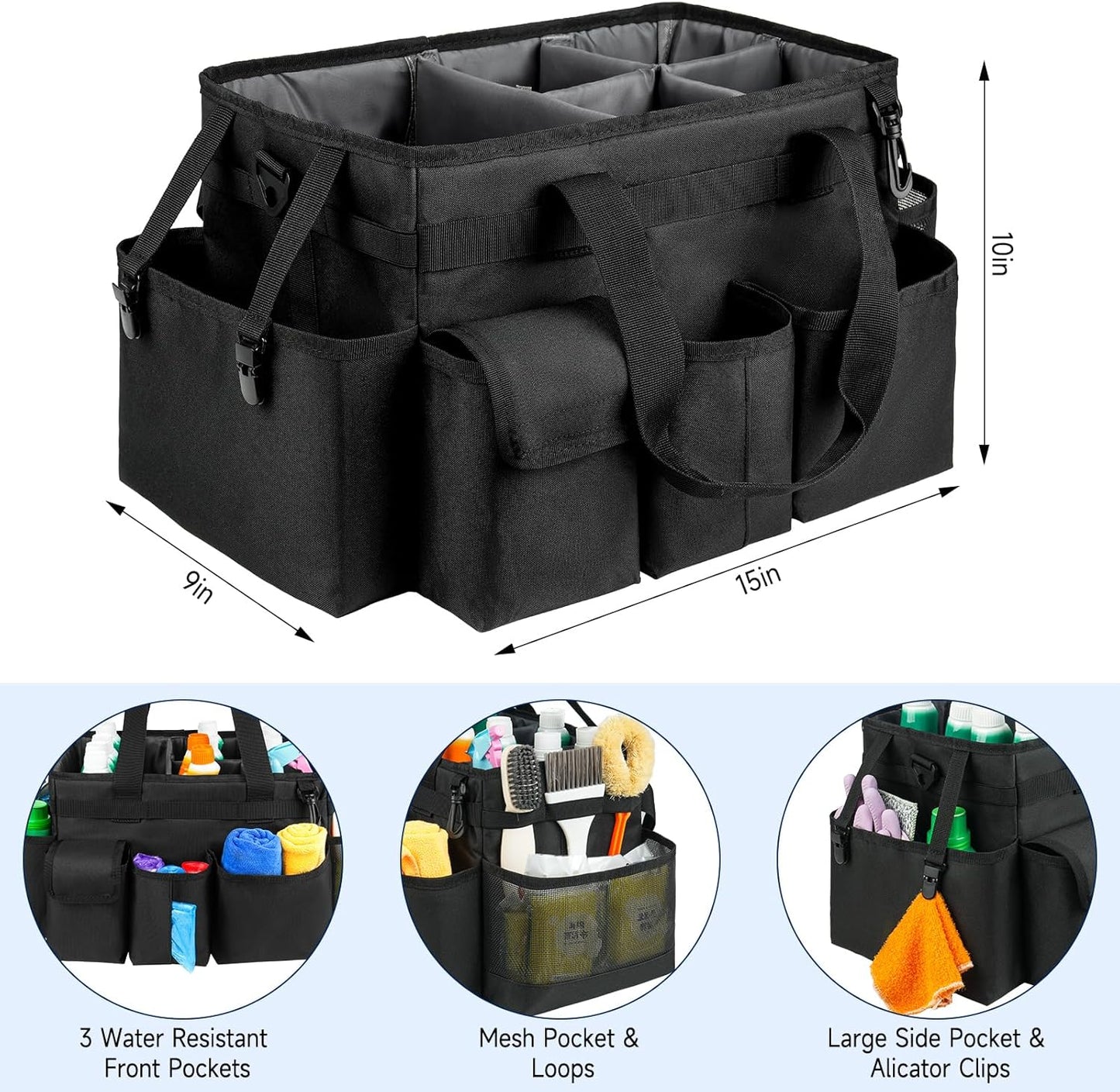 Cleaning Caddy Bag,Large Cleaning Supplies Organizer with Handle for Housekeepers, Black