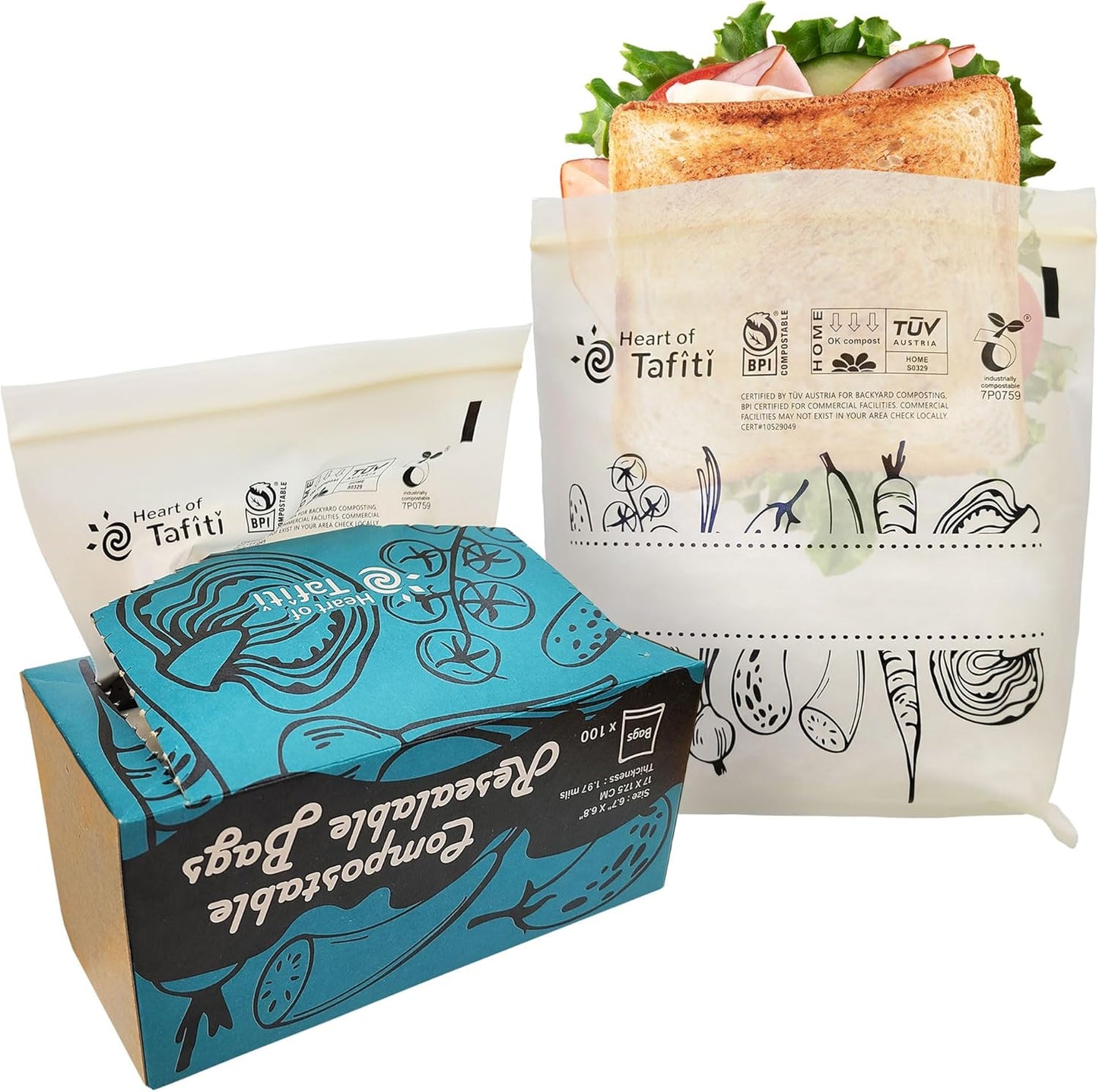 Compostable Food Storage Bags, Resealable Sandwich Bags, 100 Count, 6.7 x 6.8 inches, Extra Thick and Reusable, Eco-Friendly, Certified US BPI ASTM D6400 Europe OK Compost