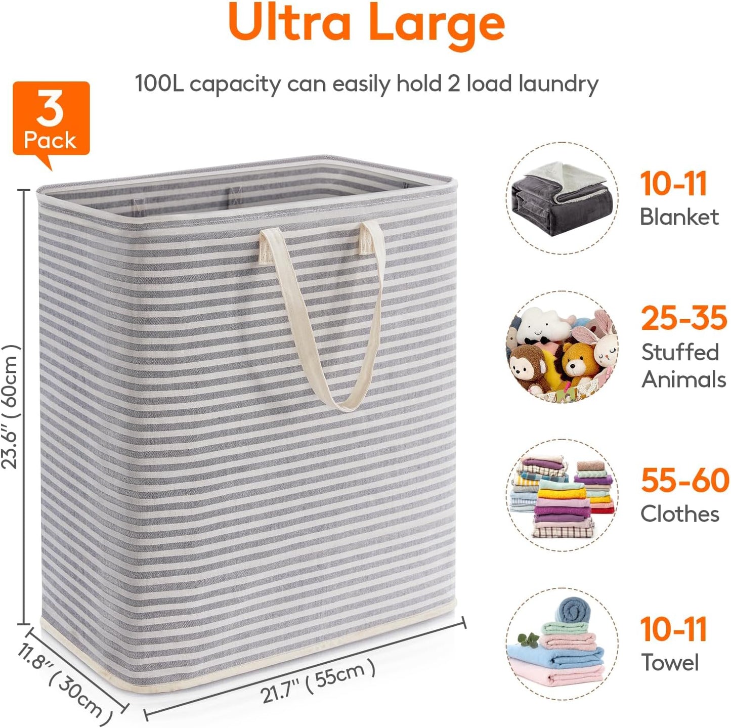 Lifewit 3 Pack Laundry Hamper Large Collapsible Laundry Baskets, Freestanding Waterproof Clothes Hamper with Easy Carry Handles in Laundry Room Bedroom Bathroom College Dorm for Adults, Gray, 3 x 100L