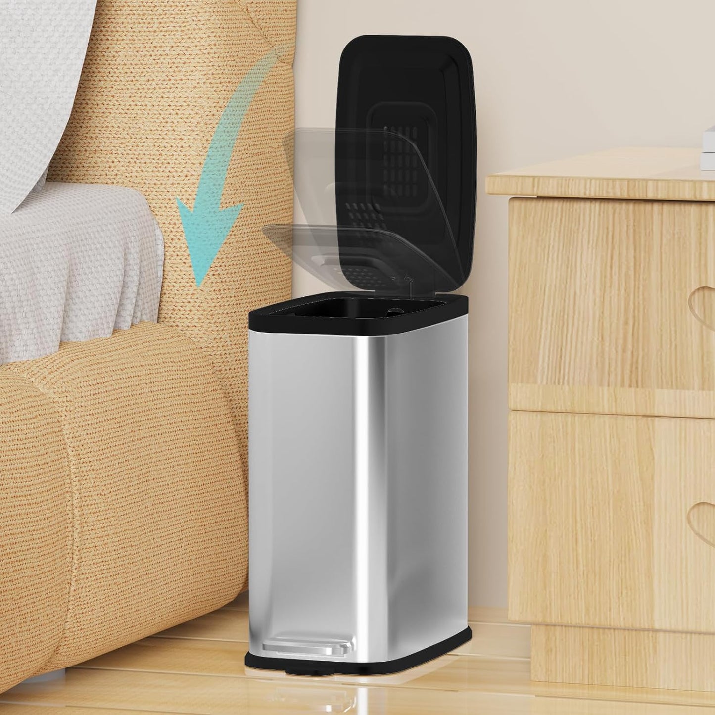 Stainless Steel Bathroom Trash Can with Lid Soft Close,1.6 Gallon Slim Garbage can,Small Metal Step Wastebasket for Office, Bedroom, Toilet, Live Room