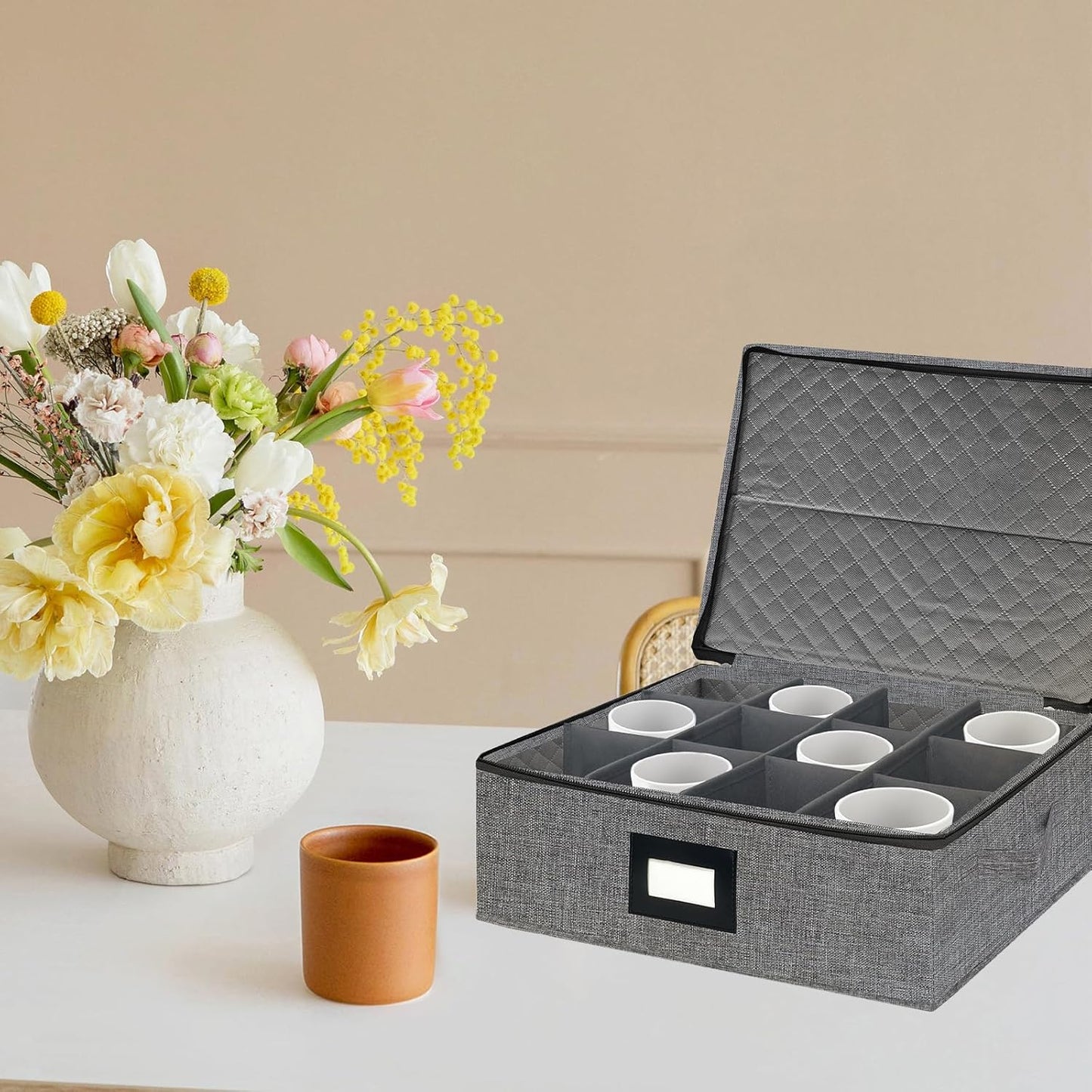 homyfort Mug Coffee Storage Box with Dividers - Stackable Glass China Storage Containers Hard Shell with Lid, Label and Handles, Holds 12 Coffee Mugs and Tea Cups (Dark Grey)