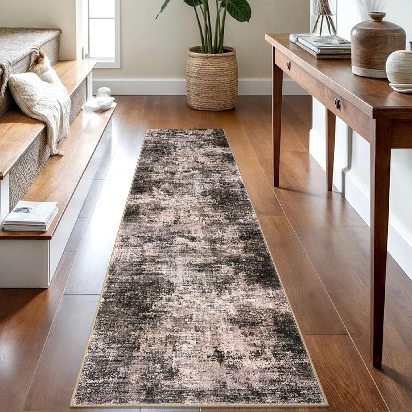 IOHOUZE Abstract Runner Rug 2x8 Ft Washable Runners for Hallways, Non Slip Kitchen Runner Printed Faux Wool Entryway Runner Indoor, Modern Abstract Floor Carpet for Hall Kitchen Bedroom, Brown/Rust