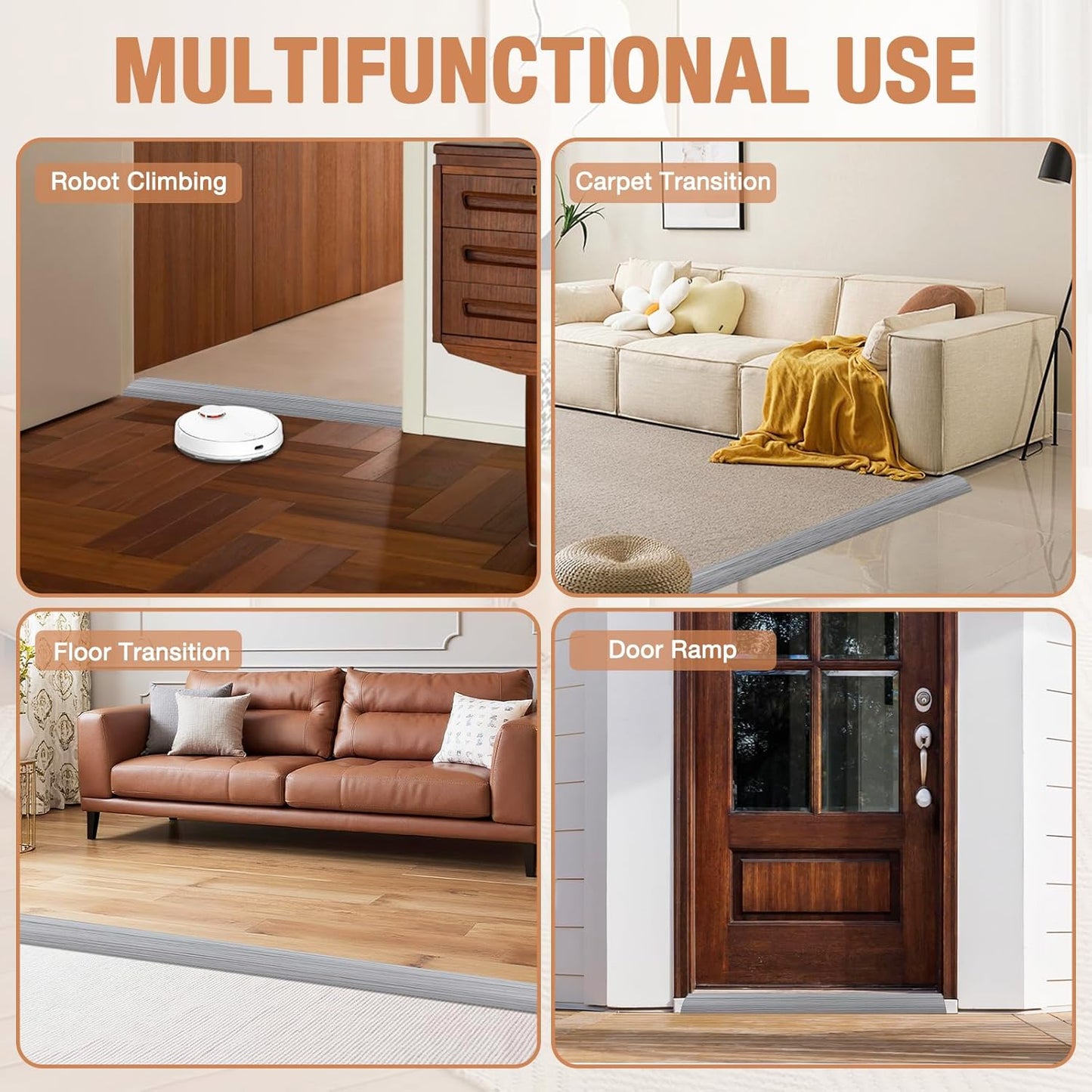 Floor Transition Strip Self Adhesive Vinyl Door Threshold for Doorways Carpet Edging Trim Overlap Edge Reducer for Laminate Floor, Carpet, Tile (Light Gray Wood Grain, 3/5" to 4/5", 6.6Ft)