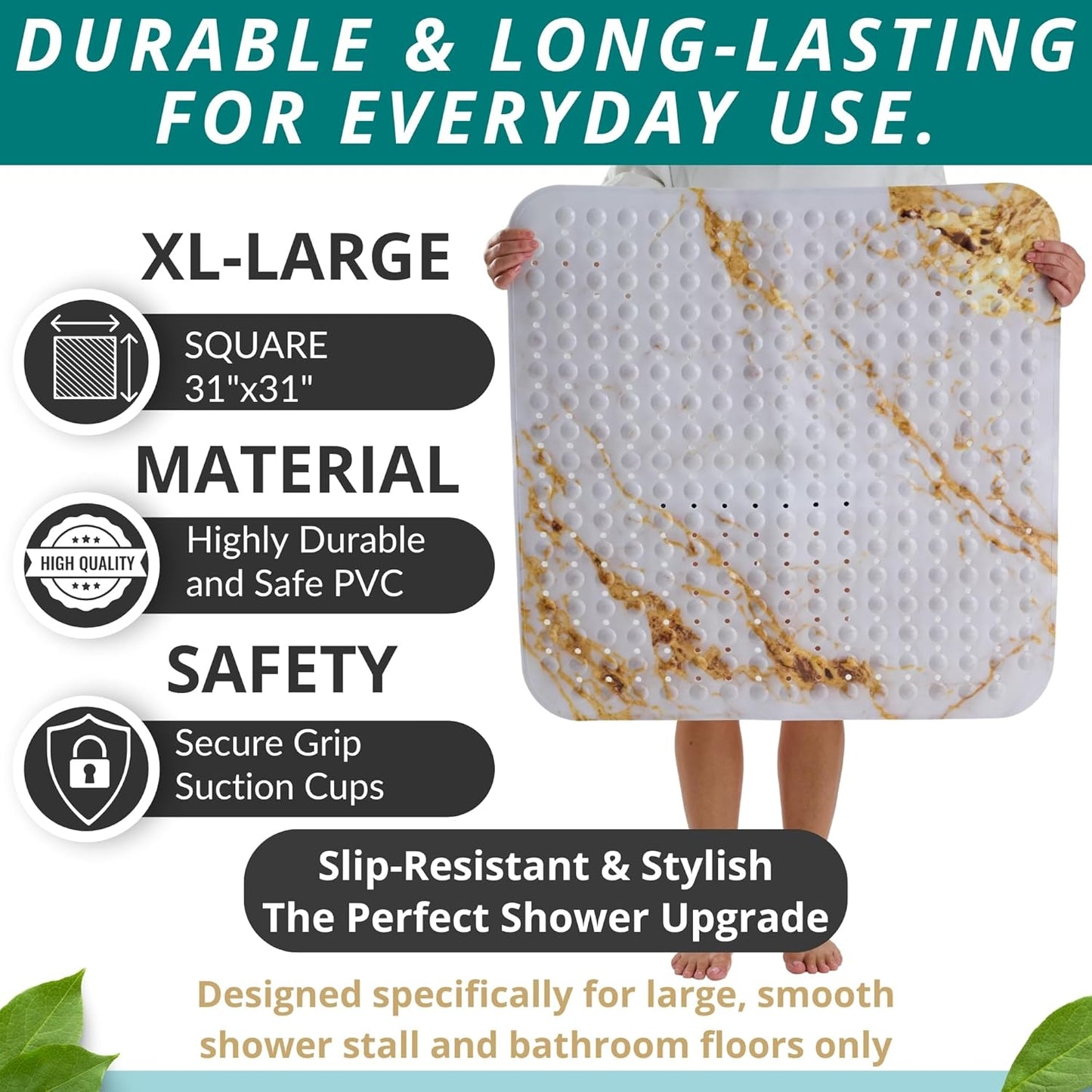 ENKOSI Extra Large Square Non Slip Shower Mat - 31 x 31-inch XL Bathroom Shower Mat - Square Shower Matts for Shower Stall Floors | Secure Suction Cups and Drain Holes (31x31 Marble White Gold)
