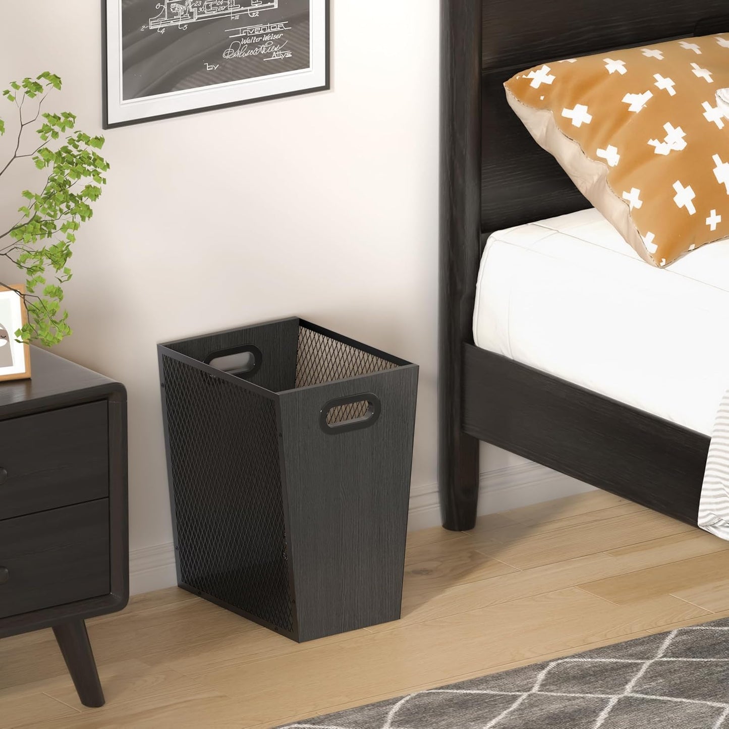 Piskyet Black Office Trash Can for Near Desk,7 Gallon Unique Wood Bedroom Garbage Can,Vintage Wastebasket with Handle, Decorative Trash Can for Home Office,2pack 12.2" L x 9.6" W x 14.9" H