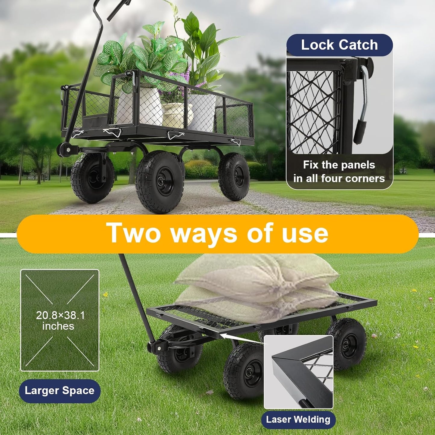 Garden Wagon Cart Heavy Duty 880 LBS Steel Utility Cart with All-Terrains 3.50-4" Solid Wheels 10" Tires, 180° Rotating Handle, Removable Sides, Laser-Welded Frame & Multi-Surface