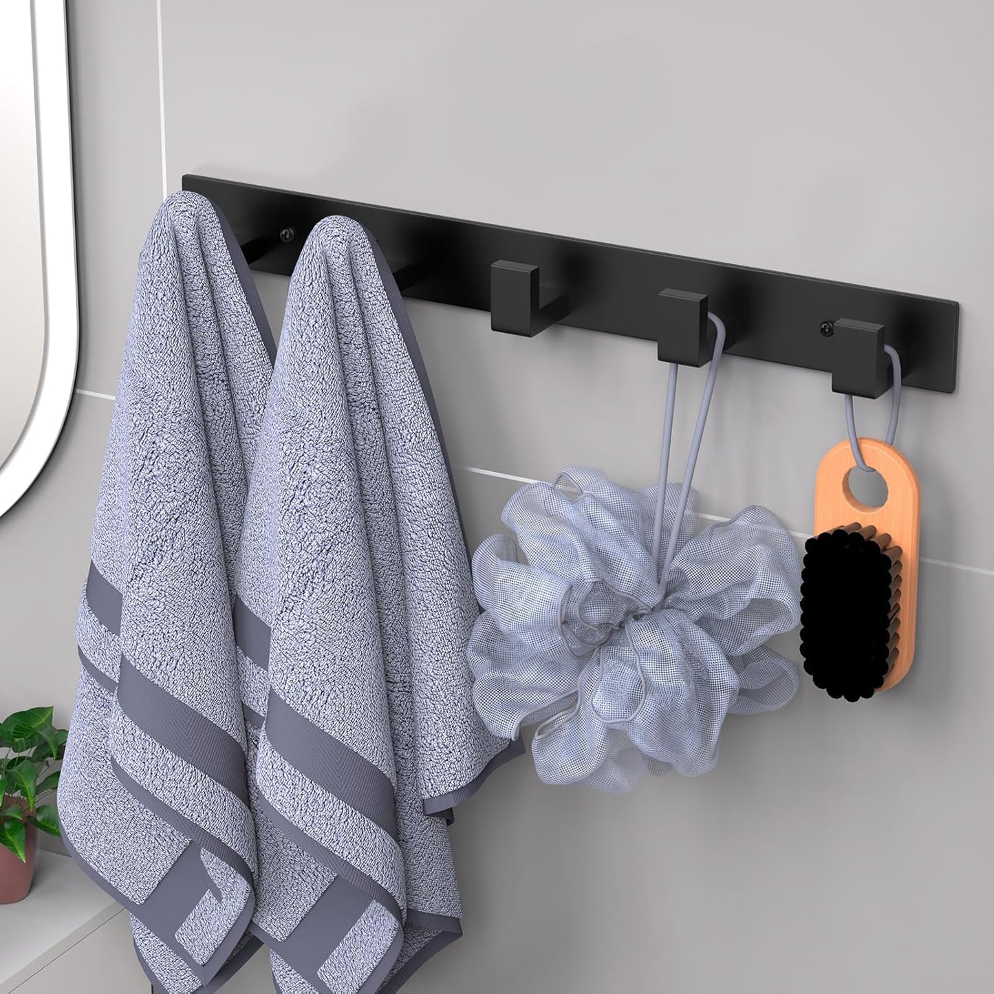 PMMASTO Coat Rack Wall Mount, Coat Hooks Wall Hooks for Hanging, Stainless Steel Coat Hanger Towel Hooks for Bathrooms, Hat Rack (Black 5 Hooks, 2 Pack)