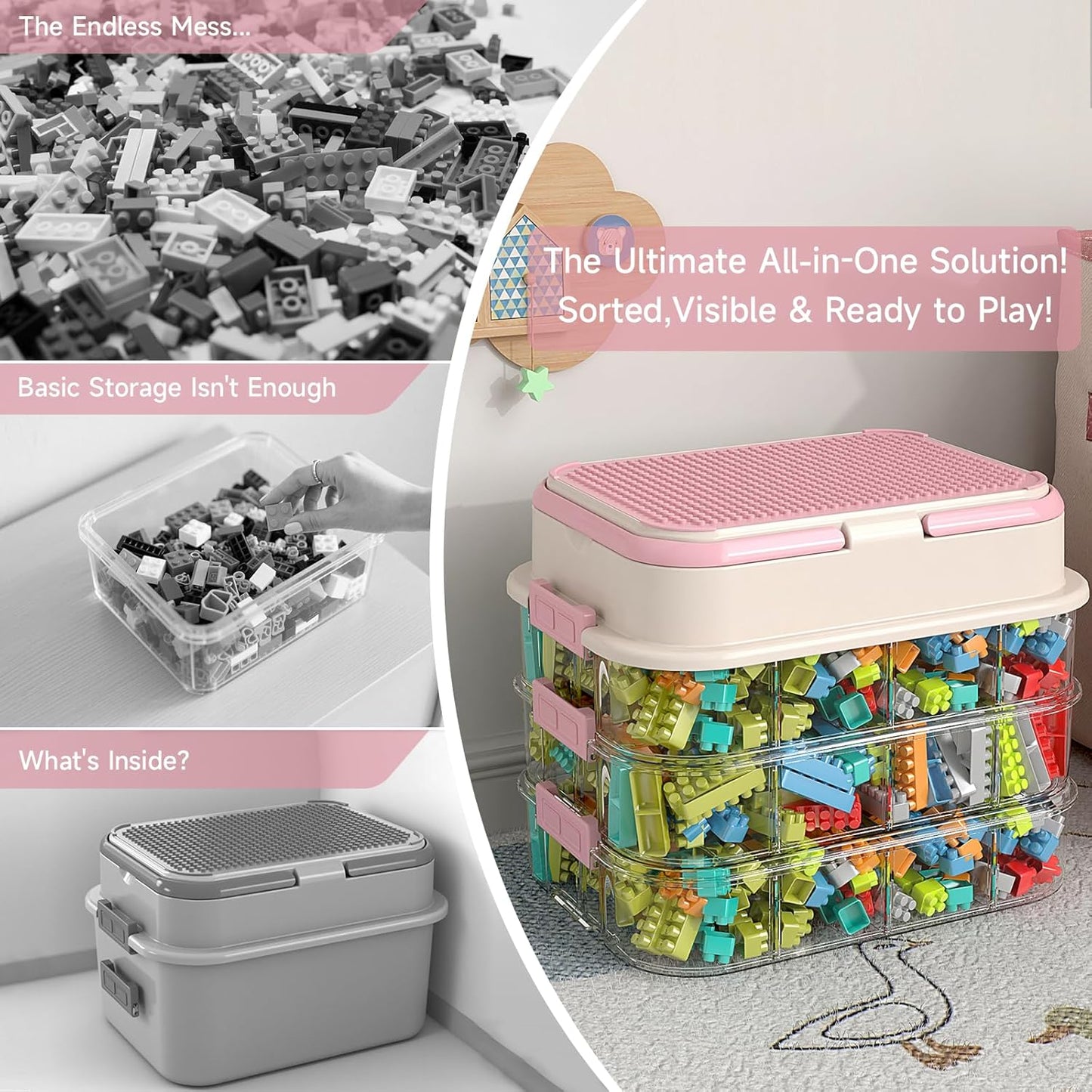 Toy Storage Organizer Box with Handle, Stackable Building Block Toy Box with Building Plate Lid & Removable Sorting Trays, Cubby Bins and Containers 1 Layer (Pink)