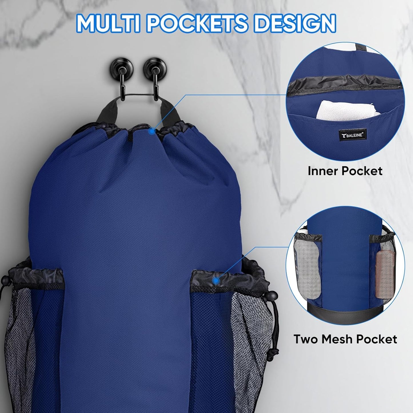 BALEINE 120L Laundry Bag Backpack, 900D Oxford Fabric Large Travel Laundry Bags with Shoulder Straps and 2 Mesh Pockets for College Dorm, Apartment, Laundromat (Navy, 120L)