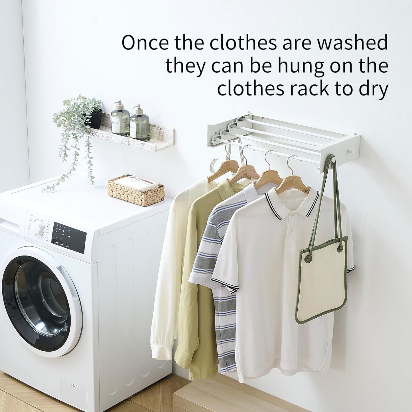 Clothes Drying Rack, Laundry Hanger Dryer Rack, Wall Mounted Drying Rack for Laundry, Foldable Drying Rack Indoor Outdoor,19.7" Wide,4 Aluminum Rods with Hooks, 40 lb Capacity (White 19.7" Hooks)