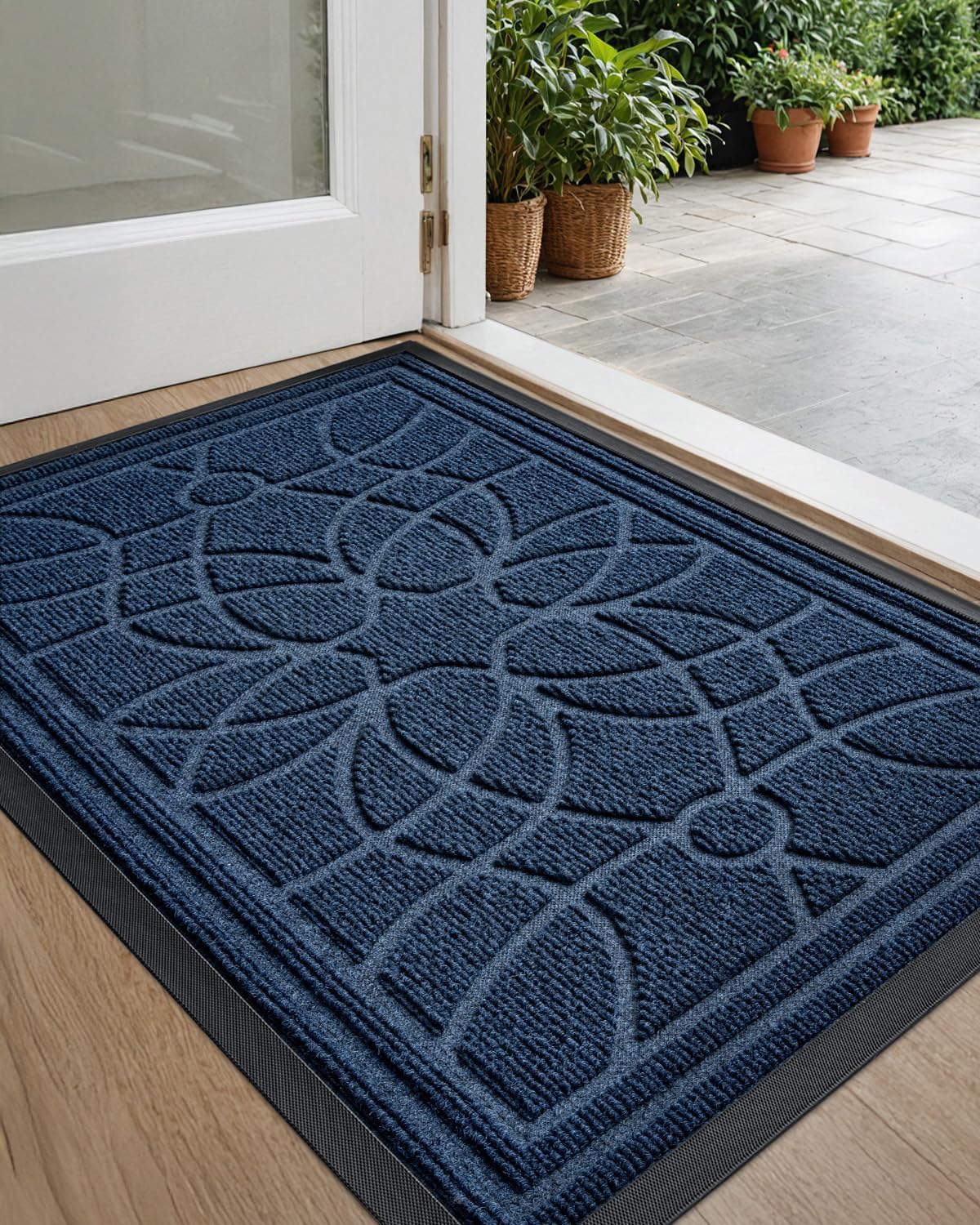 DEXI Front Door Mat Outside Entrance, Heavy Duty Non Slip Low Profile Doormat for Entryway, Trap Dirt and Moisture Welcome Mats, Easy Clean, Patio, Garage, 17x29, Blue