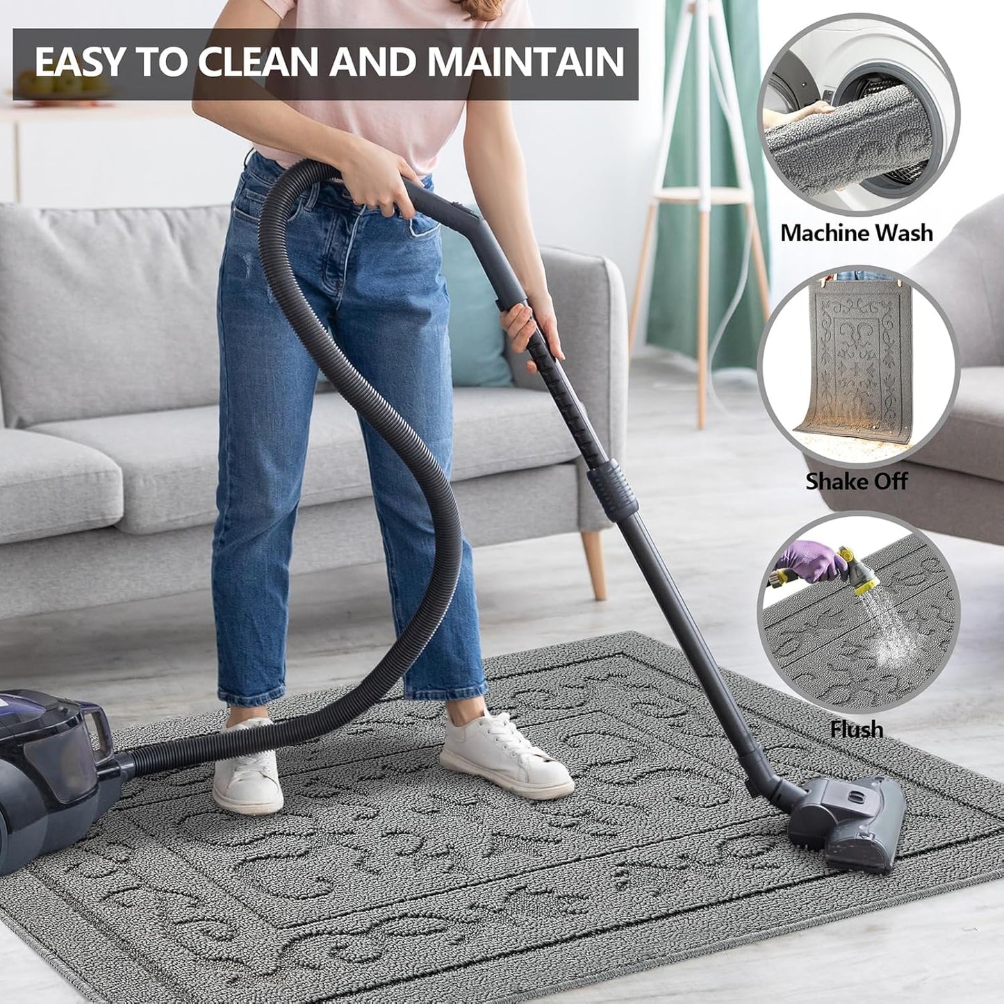 FONEYI Indoor Door Mat 20" x 32", Dirt Trapper Door Mats Non-Slip Entryway Rugs Washable, Absorbent Resist Dirt Welcome Mat, Low Profile Inside Floor Mats for Front Back Door and Entryway, Light Grey