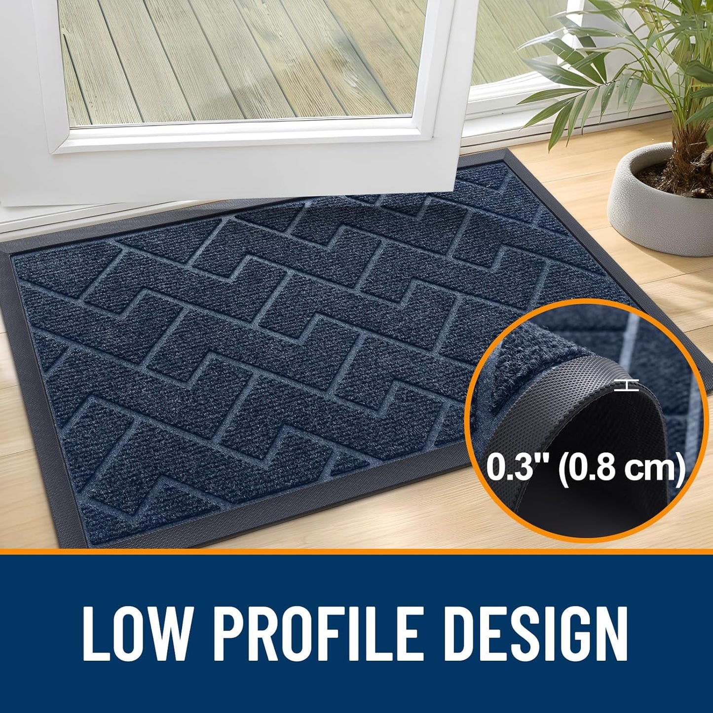 OLANLY Front Door Mat Indoor Outdoor Entrance, Waterproof All-Season, All-Weather Doormat, Sturdy Natural Rubber, Low Profile, Easy Clean Patio Porch Entryway Mat, Herringbone Brick (Blue, 59x35)