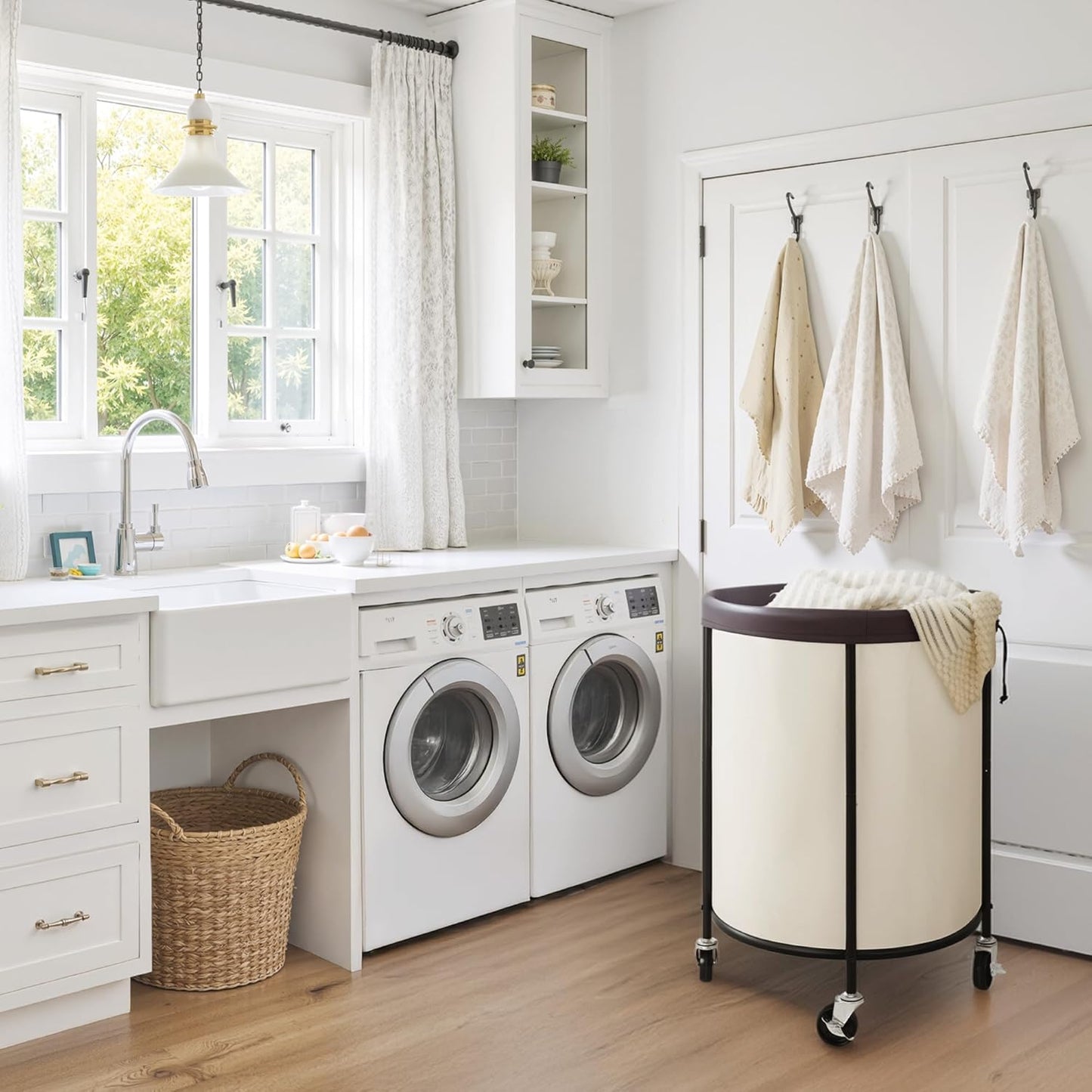 StorageWorks Rolling Laundry Basket, Laundry Hamper with Wheels, Laundry Room Organization and Storage, Dirty Clothes Cart for Bathroom, Bedroom, Beige