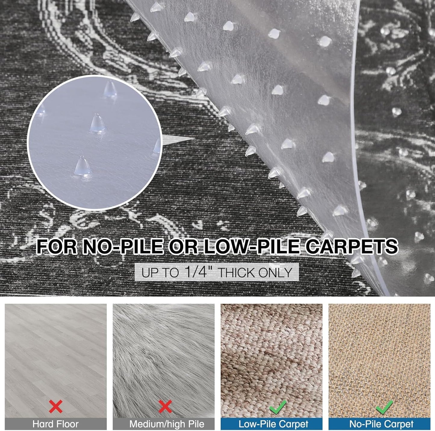 Chair Mat for Carpet, 36" x 48" Desk Chair Mat for Carpeted Floors, Non-Slip Office Vinyl Mat for Carpet with Studded, Easy Glide Heavy Duty Floor Protector Mat for Home Office, Clear