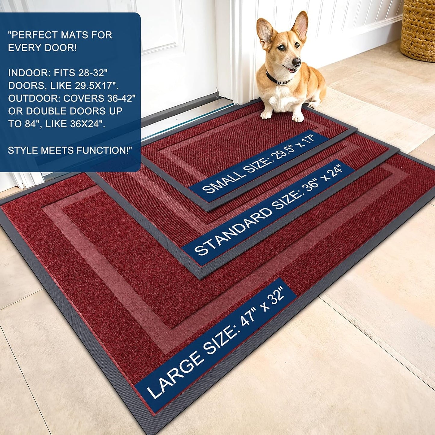OLANLY Front Door Mat Indoor Outdoor Entrance, Waterproof All-Season, All-Weather Doormat, Sturdy Natural Rubber, Fade Resistant, Low Profile, Easy Clean Patio Porch Entryway Mat, 36x24, Wine Red