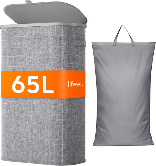 Lifewit 65L Slim Laundry Basket with Lid, Narrow Large Laundry Hamper with Plastic Handles and Removable Bag, Tall Foldable Dirty Clothes Hampers for Laundry Room, Bedroom, Bathroom, Dorm, Gray