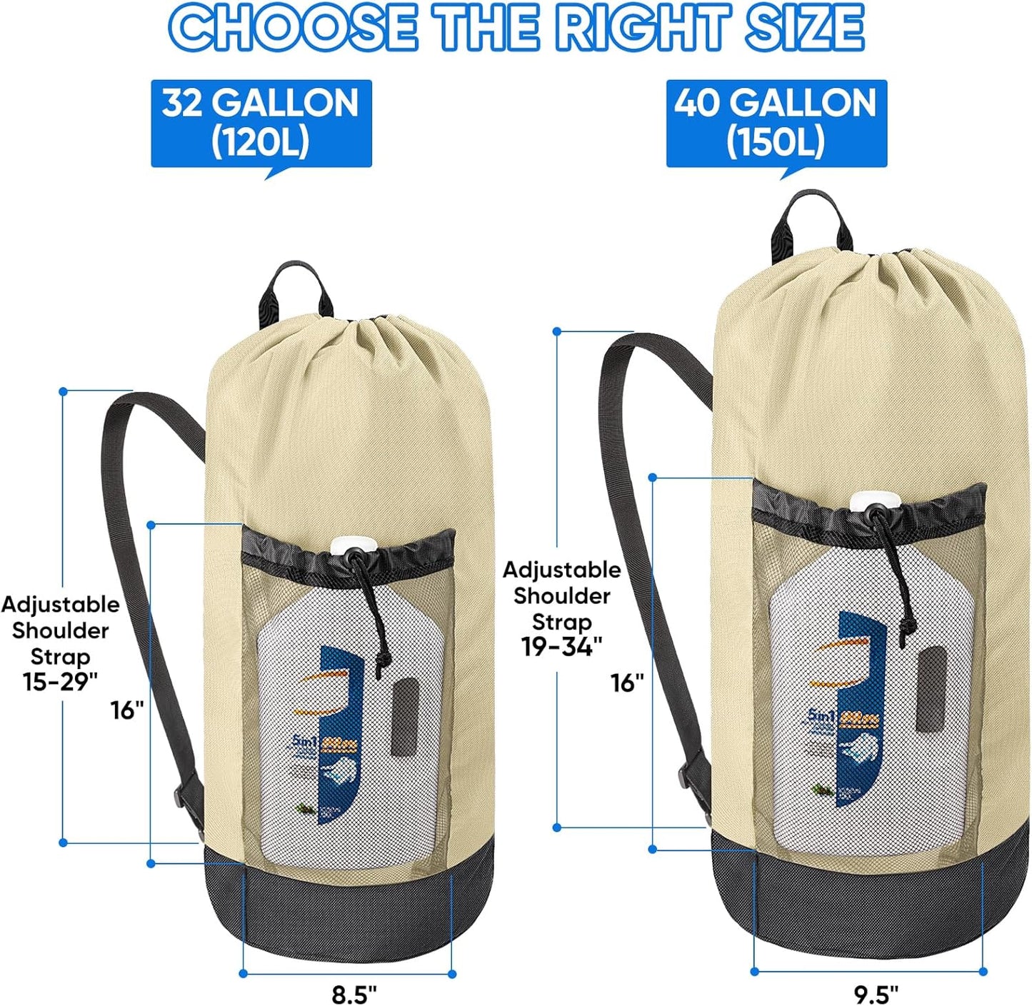 BALEINE 120L Laundry Bag Backpack, 900D Oxford Fabric Large Travel Laundry Bags with Shoulder Straps and 2 Mesh Pockets for College Dorm, Apartment, Laundromat (Beige, 120L)