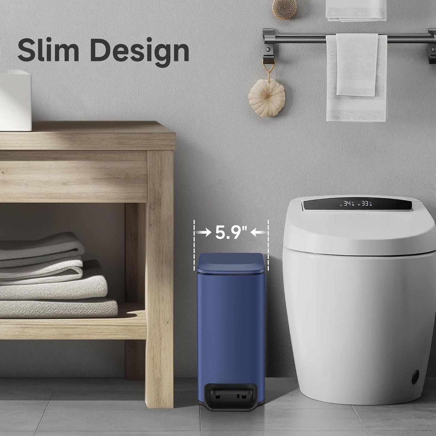 TIPGO Slim Bathroom Trash Can with Lid Soft Close, Step Pedal, 6 Liter / 1.6 Gallon Stainless Steel Trash Bin, Small Garbage Can for Bedroom, Office, Kitchen (Navy Blue)
