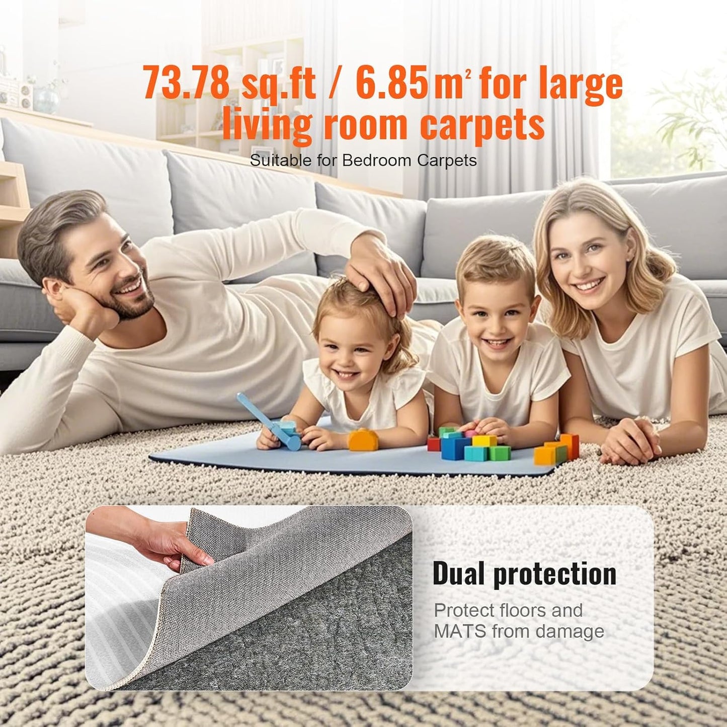 VEVOR Rug Pad Without Slip Resistance, Protective Cushioning Carpet Pad, 8' x 10', 1/2" Thick, 100% Pure Polyester Felt, 7-8㎡ Premium Comfort Underfoot Carpet Padding Rug Cushion for All Floors, Gray