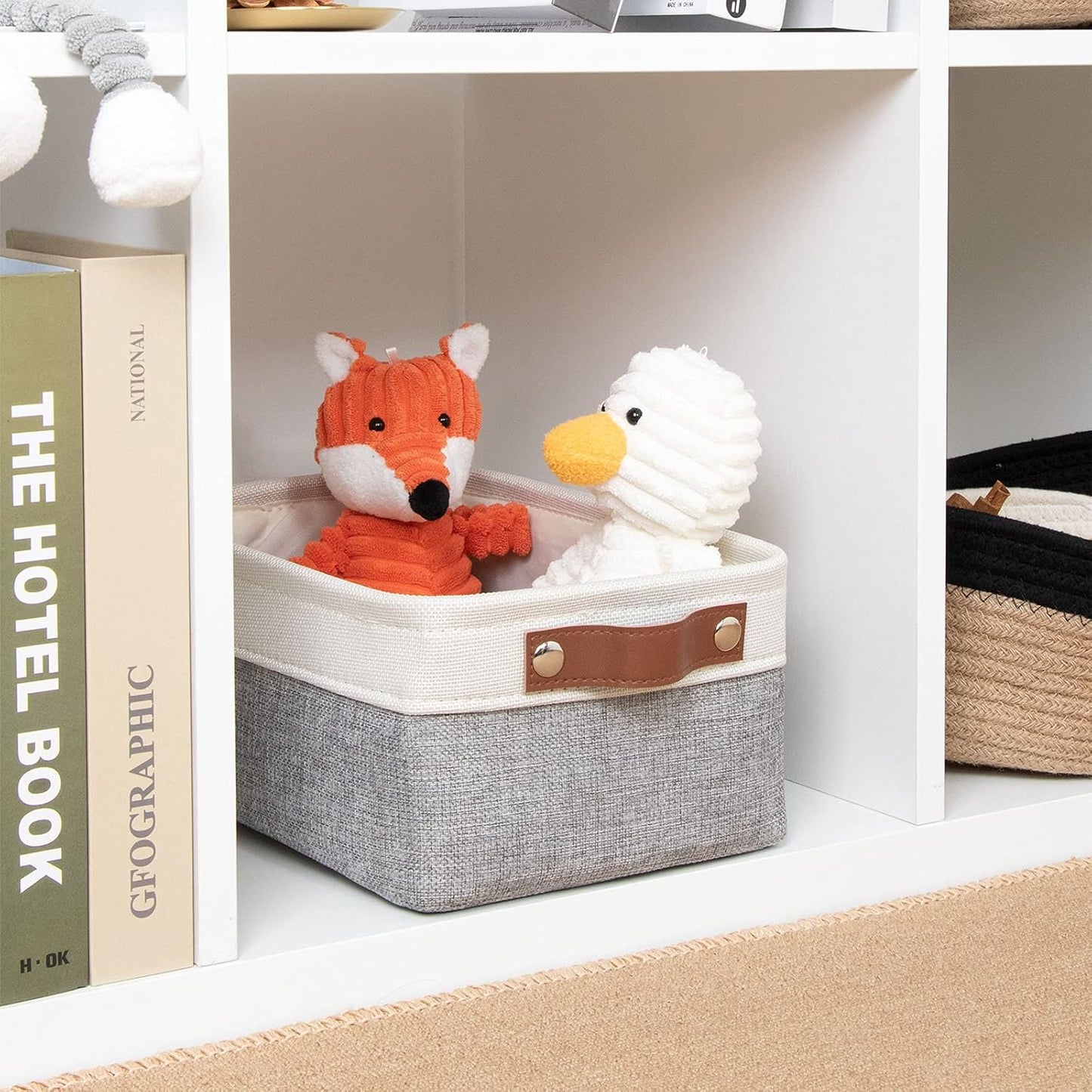 DULLEMELO Small Collapsible Fabric Basket for Organizing, Shelves, Closets, Laundry, Nursery, Decorative Gift Basket (White & Gray)