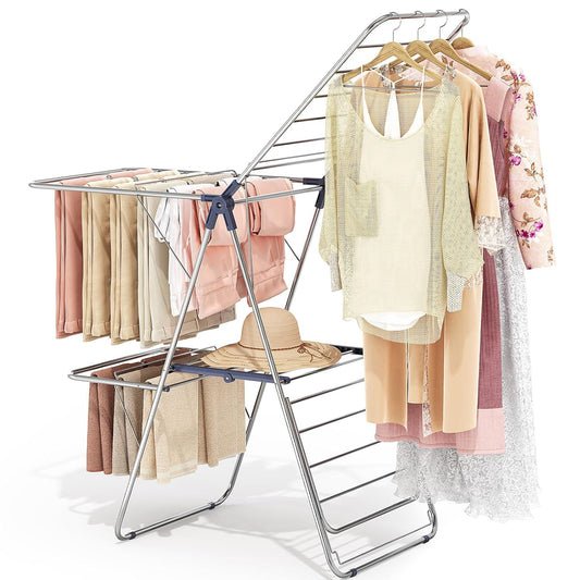 APEXCHASER Clothes Drying Rack with 4 Wings, Stainless Steel Drying Rack Clothing with Height-Adjustable, Foldable Gullwings Laundry Drying Rack, Indoor Outdoor Use, No Assembly, Blue