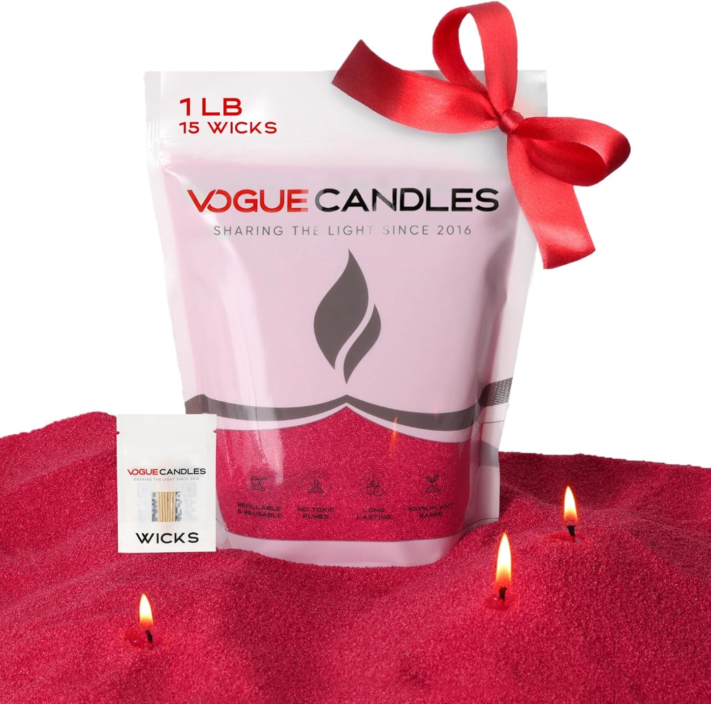 Vogue Candles 1LB Candle Sand with 15 Wicks | Plant-Based Refillable Wax Granules for DIY Candle Making | Clean Burning, Unscented, Smoke-Free, Vegan Candle Refill Kit- Red