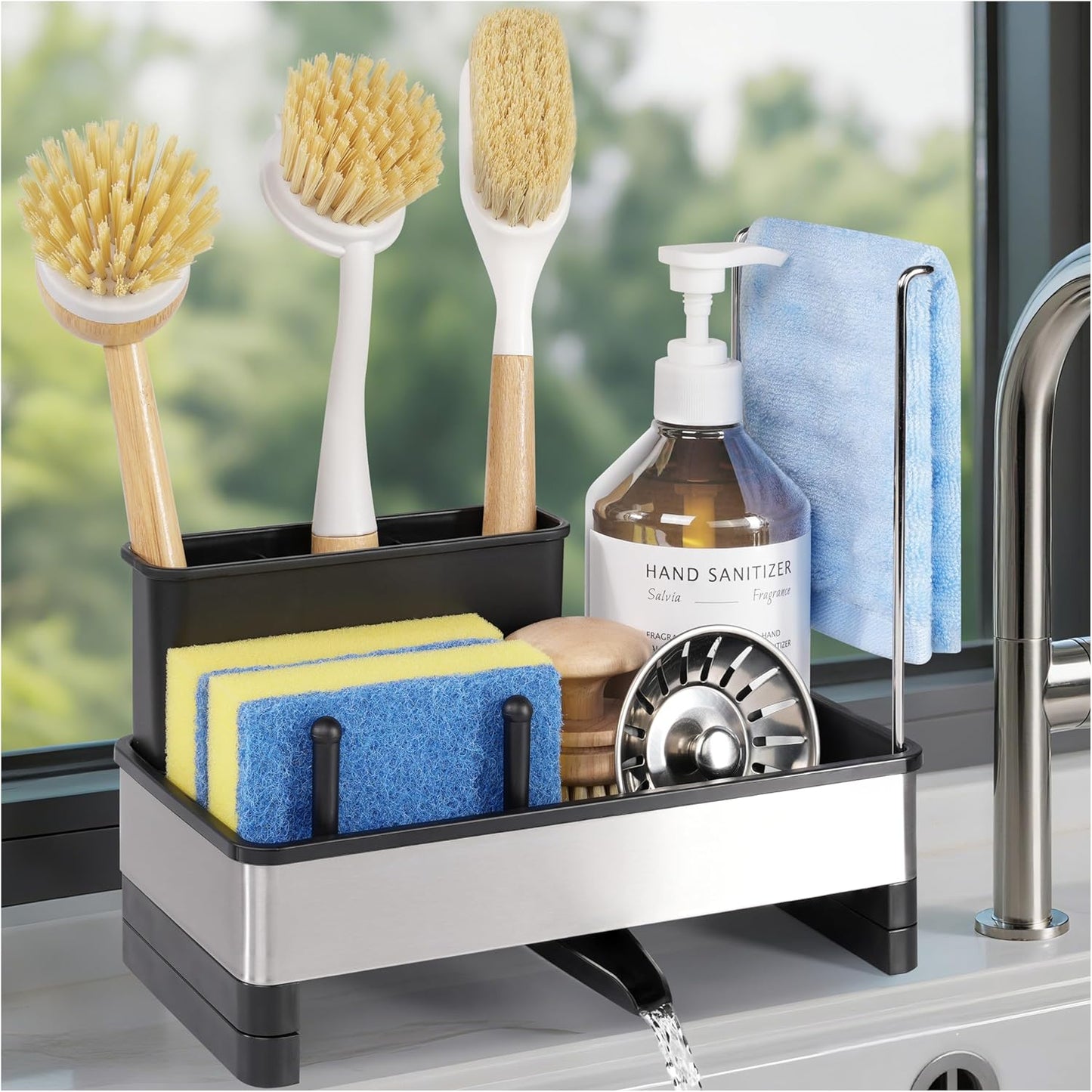 Stainless Steel Sponge Holder for Kitchen Sink Caddy Organizer Rack for Dish Brush Holder, Soap Dispenser and Wash Cloth with Rustproof Auto Drain Tray for Bathroom Countertop Storage