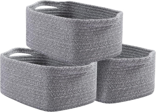 OIAHOMY Cotton Rope Baskets, Woven Baskets for Storage, Nursery Storage Baskets, Rectangle Storage Basket with Handles, Storage Baskets for Shelves, Pack of 3, Gray Variegated