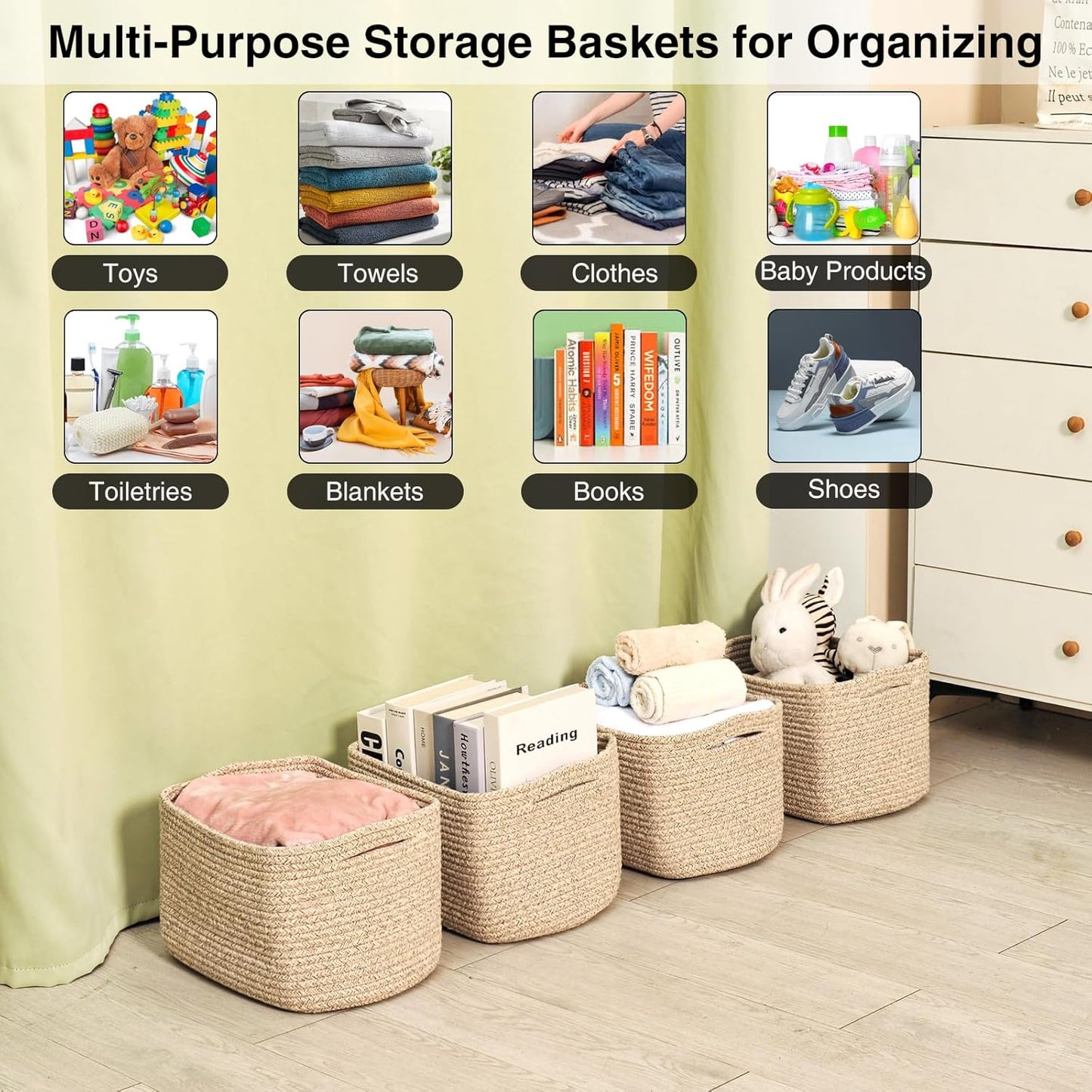 Small Storage Baskets for Organizing, Woven Storage Baskets for Shelves, Cotton Rope Basket for Storage, Cute Rectangular Book Toy Basket, 12.7"×9.1"×7.9", 4 Packs, Brown