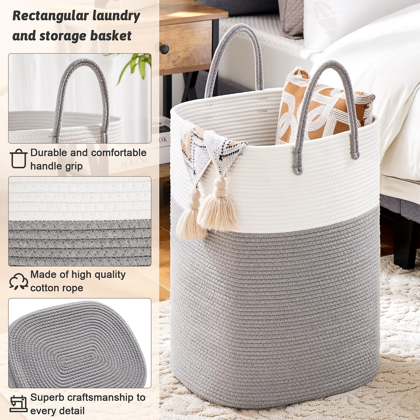 Laundry Basket,Woven Cotton Rope Laundry Hamper,Versatile Storage for Dirty Clothes,Baby Toys,and Blankets in Bathroom, Nursery,and Living Room (Grey, 100L)