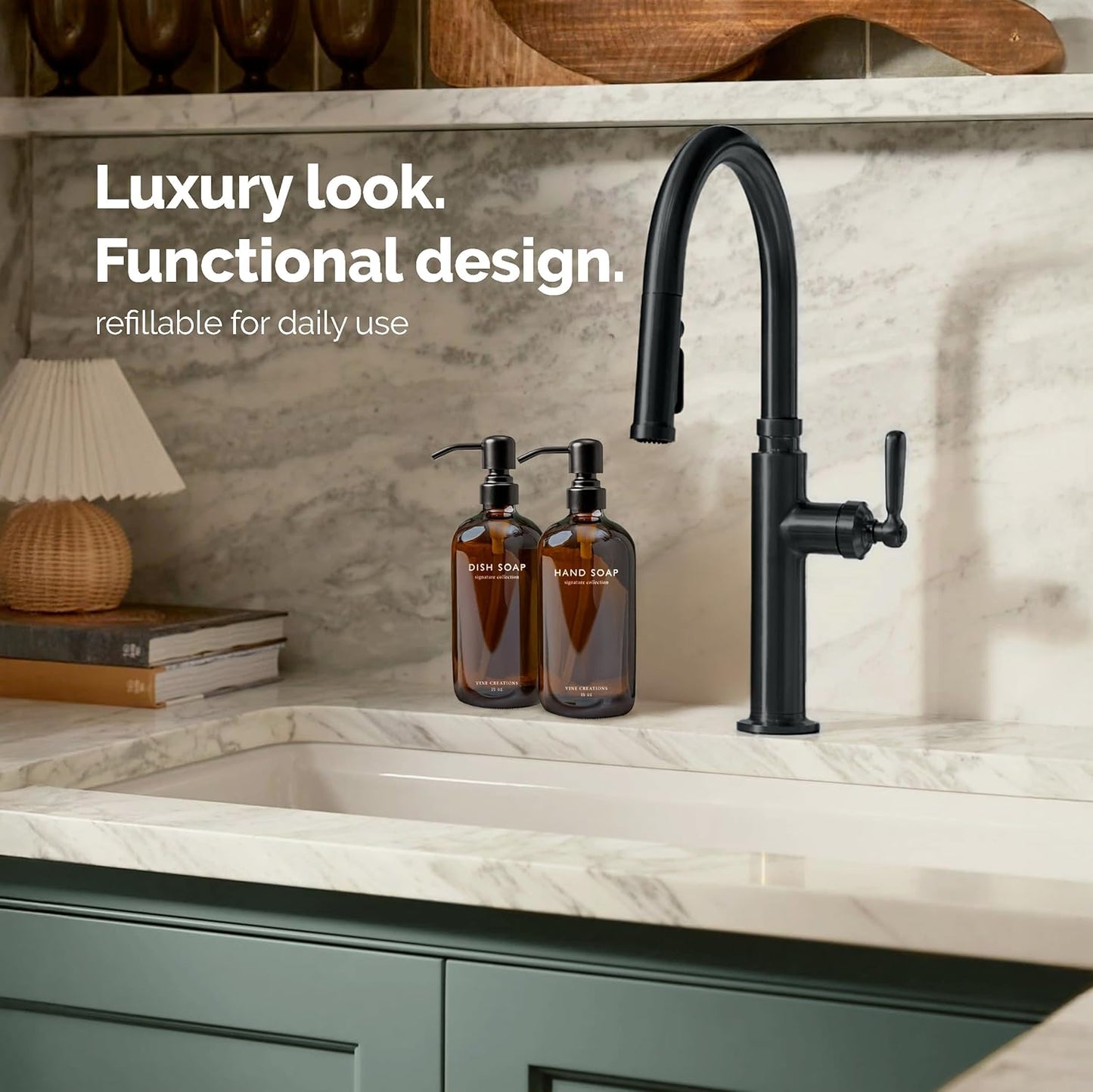 Vine Creations Amber Glass Soap Dispenser Set, Dish Soap and Hand Soap Dispenser Set with Stainless Steel Pump, 16 oz Glass Dispensers for Kitchen or Bathroom Decor (Amber Bottle/Matte Black Pump)