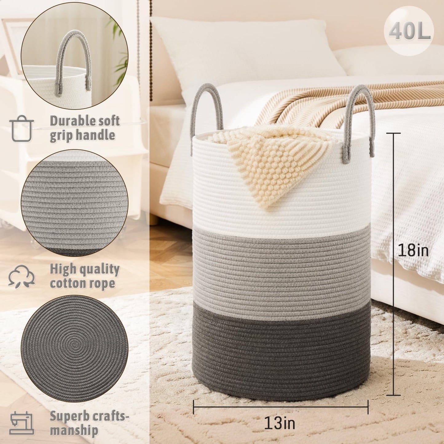 Laundry Basket,Woven Cotton Rope Laundry Hamper,40L for Decorative Storage of Dirty Clothes,Toys and Blankets in Bathroom,Bedroom and Living Room