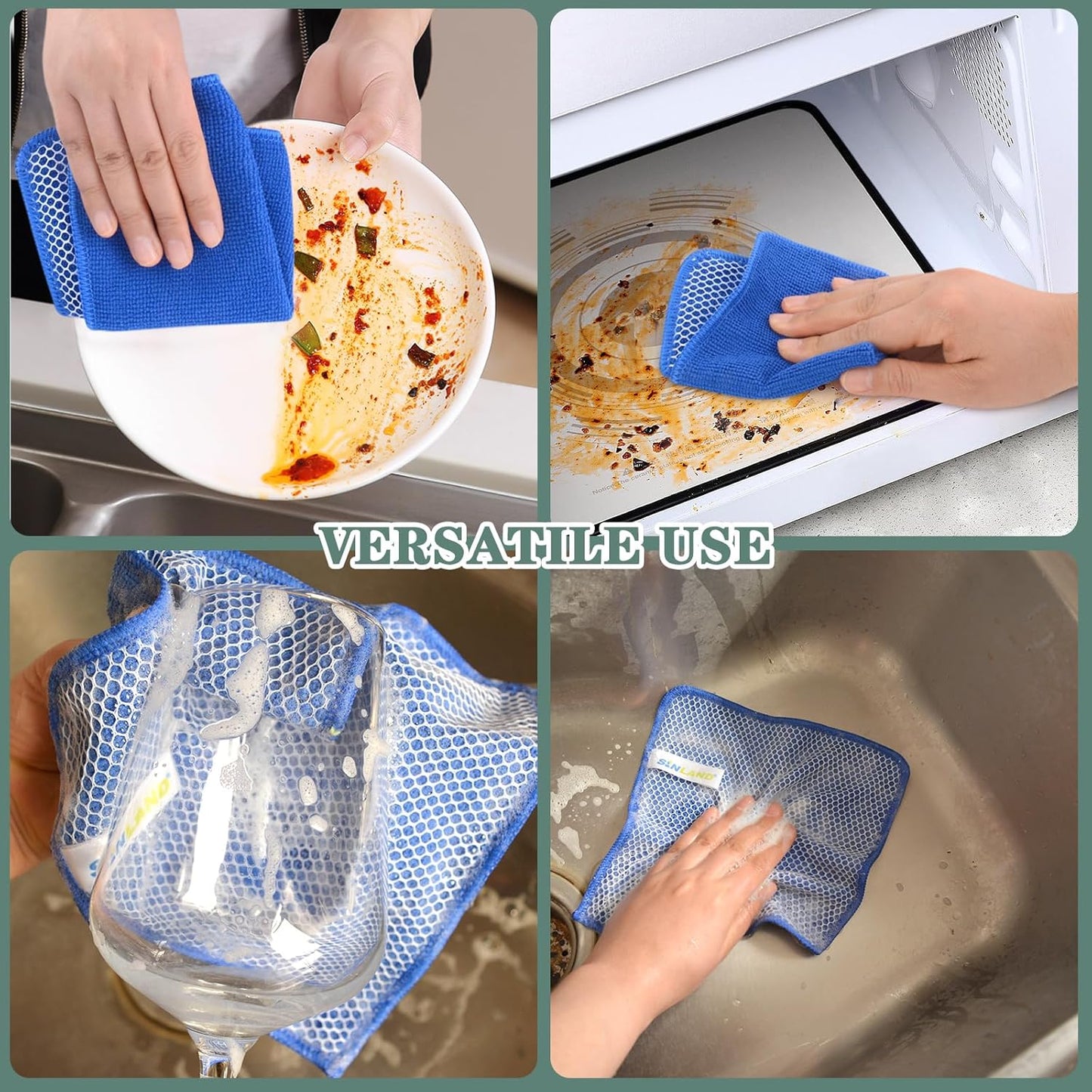SINLAND Absorbent Microfiber Dish Cloths for Washing Dishes Best Kitchen Cloths Cleaning Cloths with Poly Scour Side 7.87Inchx7.87Inch 10 Pack Dark Blue
