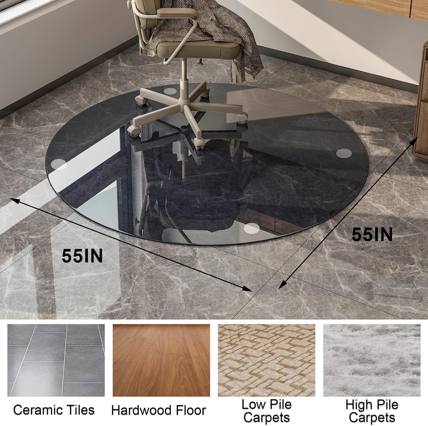 GLSLAND Round Tempered Glass Floor Mat - 55" Office Chair Mat for Carpet Blue & Gray Clear Glass Mat 1/5" Thick for Hardwood Floor/Carpeted Floors