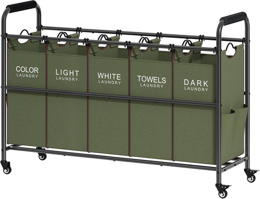 Tajsoon 5 Sections Laundry Sorter, Laundry Hamper with Heavy Duty Lockable Wheels and Removable Bags, 5 Bag Laundry Sorter Cart for Dirty Clothes Storage, Laundry Separator Hamper, Green