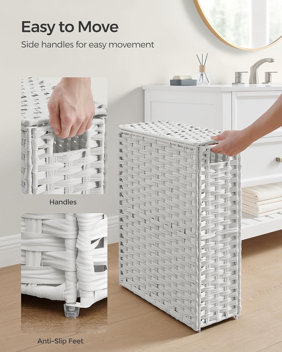 SONGMICS Slim Laundry Hamper with Lid, 14.5 Gallon (55L) Rattan Clothes Laundry Basket with Lid and Handles, Foldable, Removable Liner, Cloud White ULCB164W01