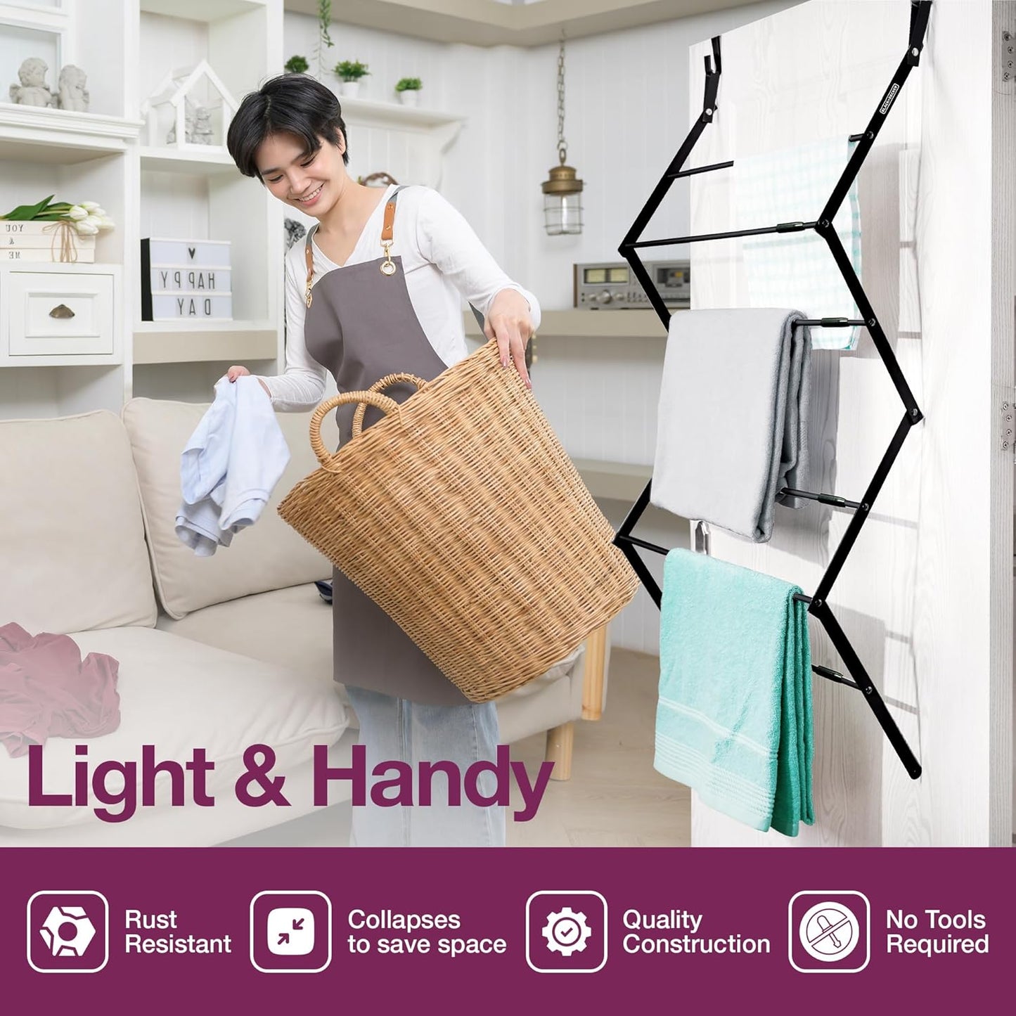 BLACK+DECKER Over The Door Expandable Telescopic Drying Rack, Clothes Organizer, Towel Hanger, Laundry, Collapsible, Black