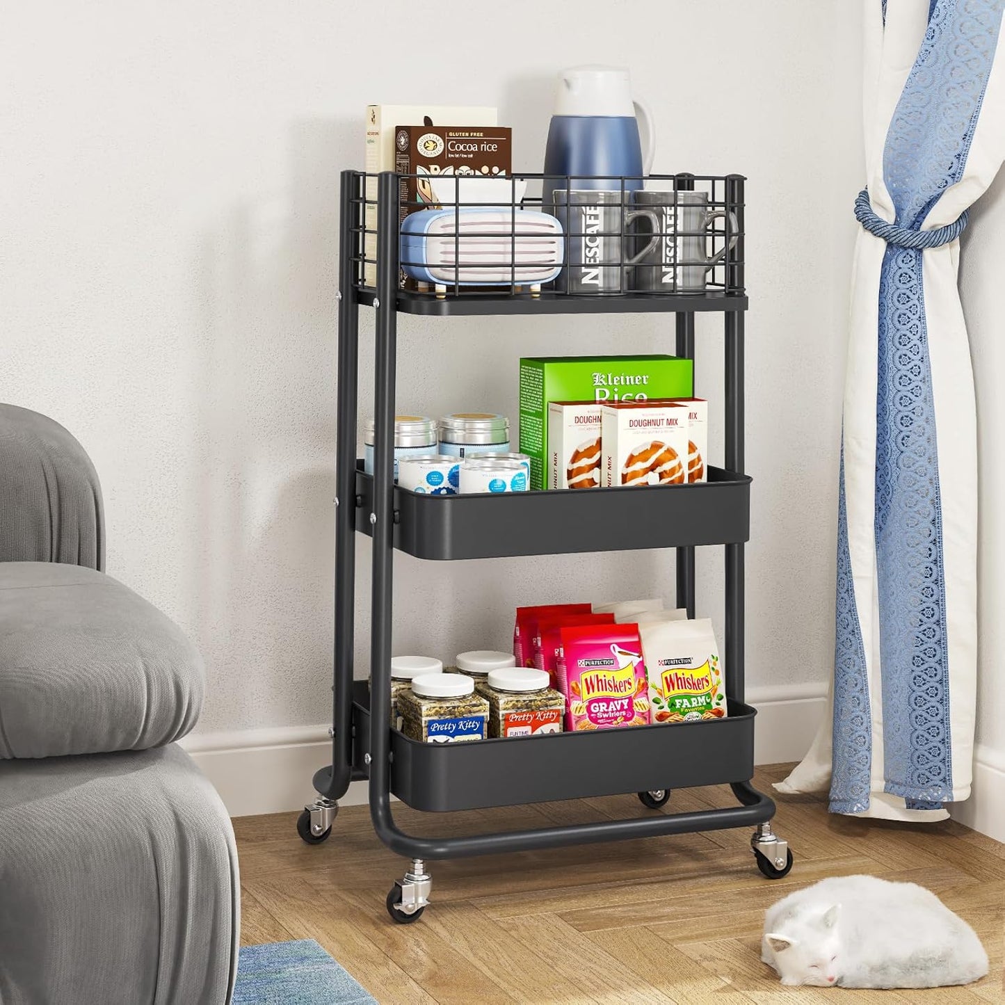 KINGRACK 3 Tier Rolling Cart, Metal Mobile Storage Shelf with Lockable Wheels, Utility Trolley Cart with Wheels, Storage Organizer for Kitchen, Office, Bathroom, Dorm, Black