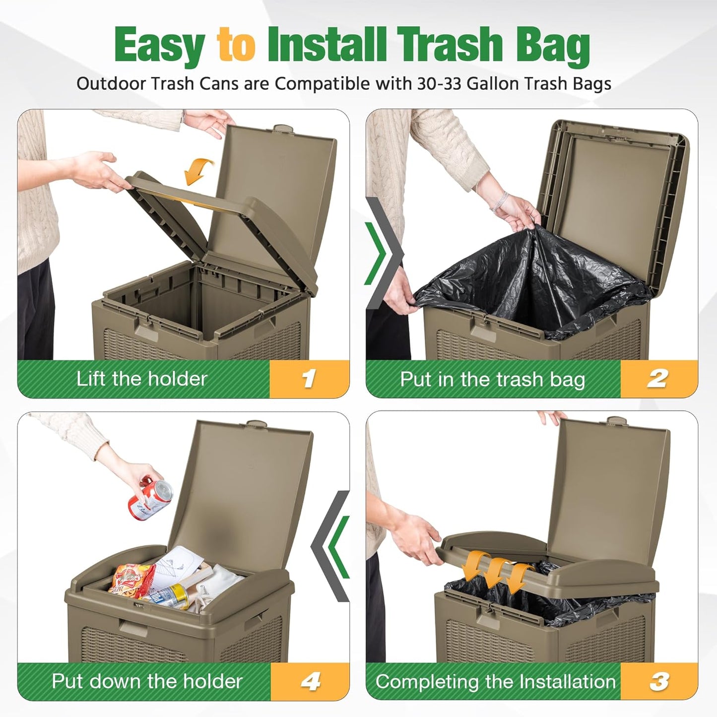 Flamaker 30 Gallon Trash Can, Resin Outdoor Garbage Can with Lid, Waterproof Hideaway Patio Waste Bins for Outside Use (Brown)