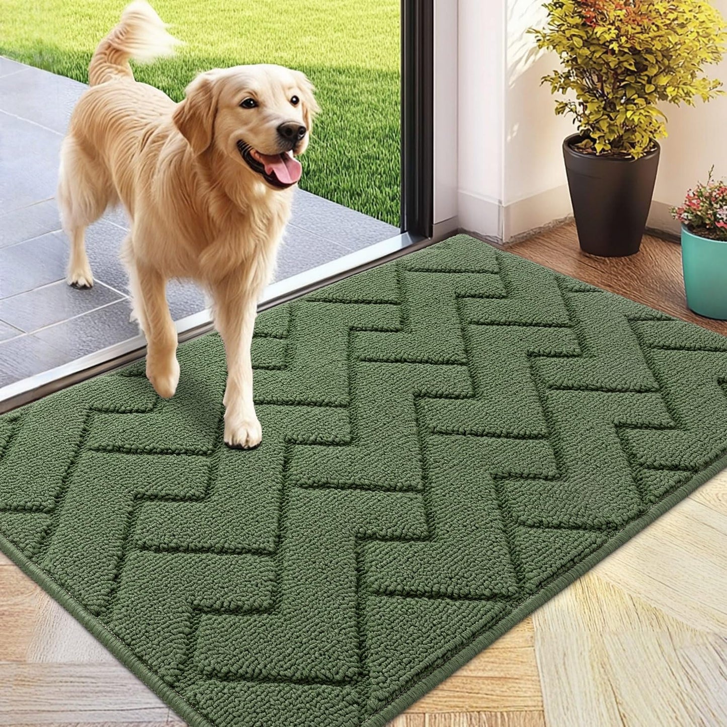 hicorfe Indoor Doormat,Front Back Door Mat Rubber Backing Non Slip Door Mats 24"x35" Absorbent Resist Dirt Entrance Doormat Inside Floor Mats for Entryway Washable Low-Profile(Green)