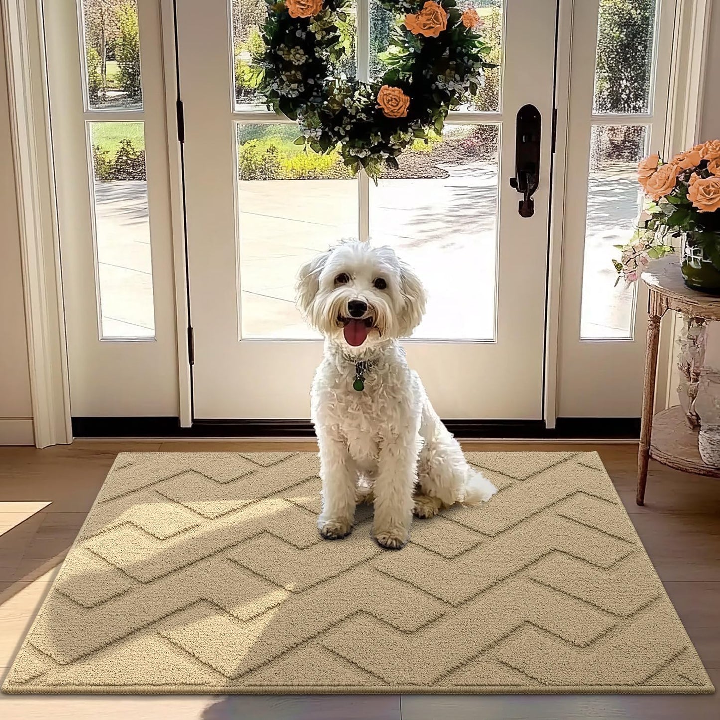 hicorfe Front Door Mat Outside Entrance,32"x40" Absorbent Muddy Dirt Resist Welcome Door Mats Outdoor Indoor,Stain and Fade Resistant,Non Slip Backing Entry Mat Doormat for Entryway(Beige)